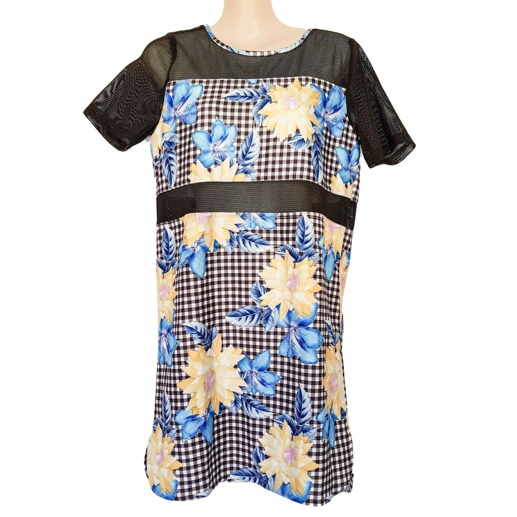 ANGEL BIBA Multi-Coloured Floral Black Mesh Women's Shift Dress Short Cap Sleeve