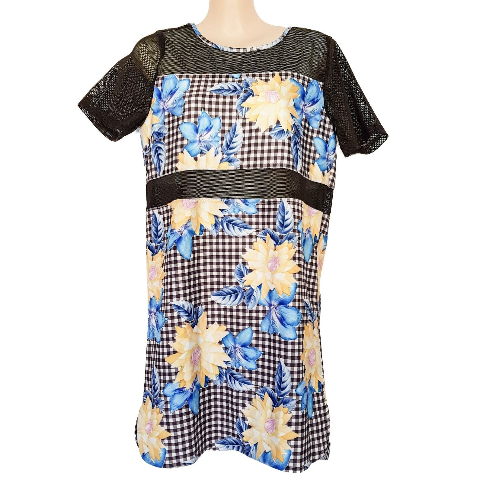 ANGEL BIBA Multi-Coloured Floral Black Mesh Women's Shift Dress Short Cap Sleeve