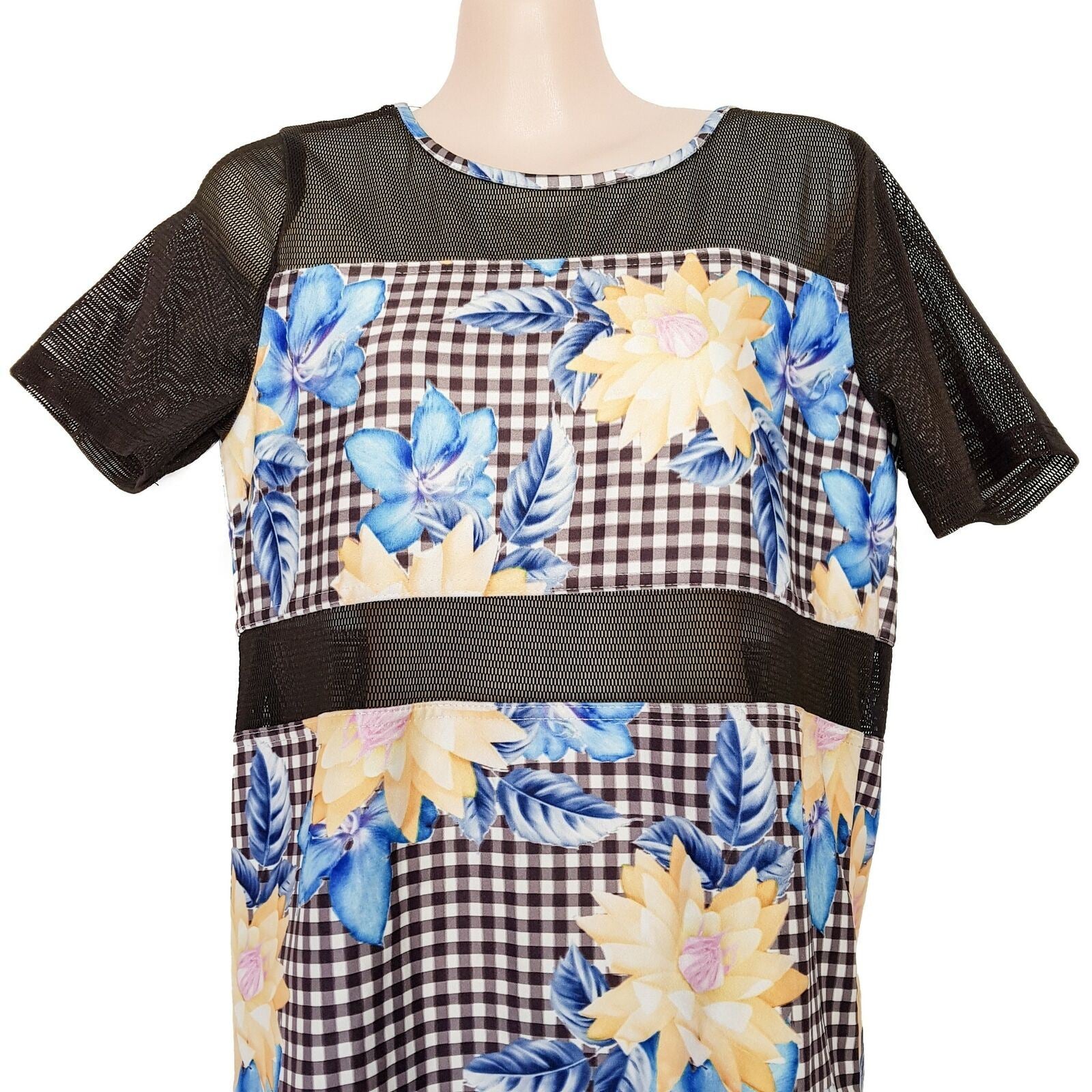 ANGEL BIBA Multi-Coloured Floral Black Mesh Women's Shift Dress Short Cap Sleeve