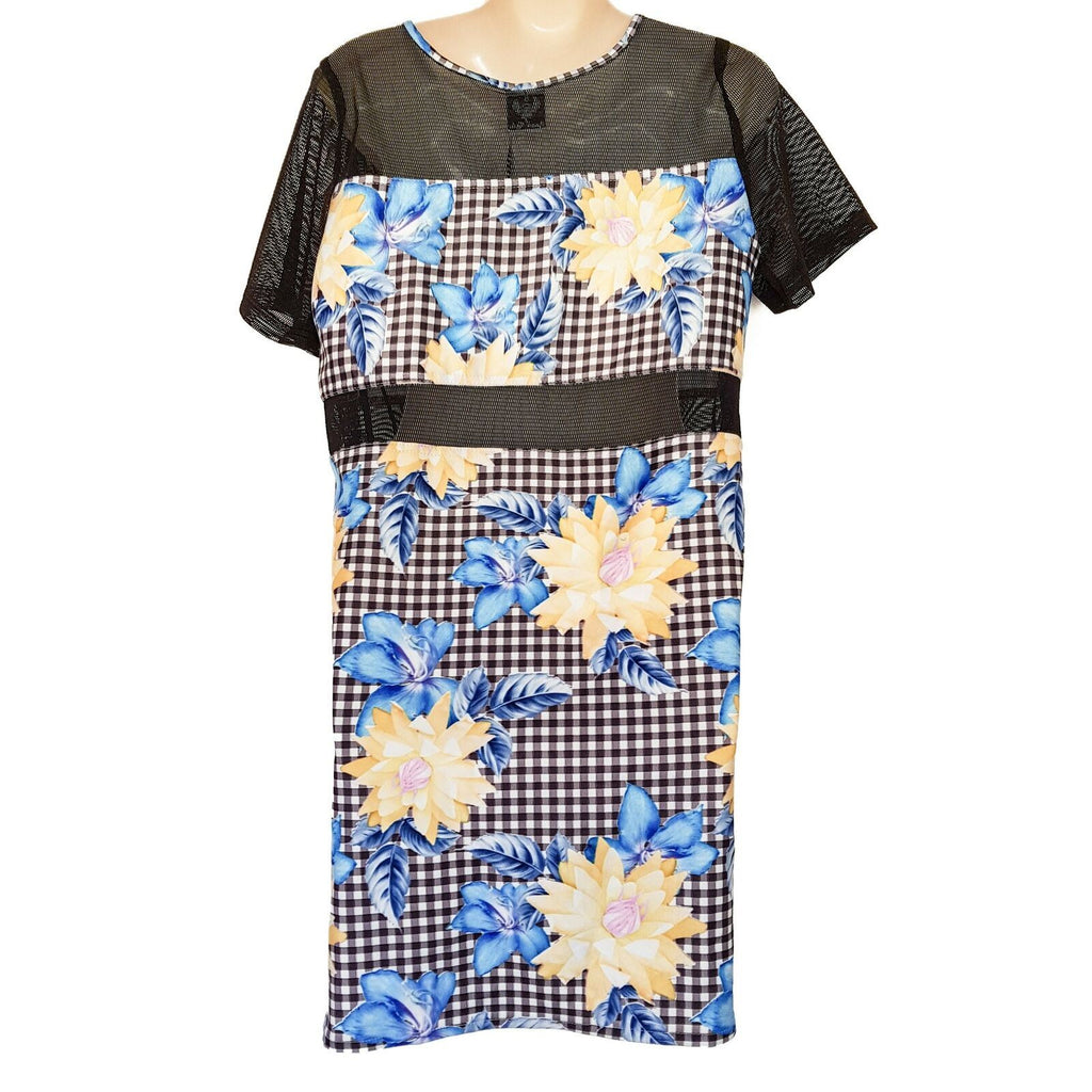 ANGEL BIBA Multi-Coloured Floral Black Mesh Women's Shift Dress Short Cap Sleeve