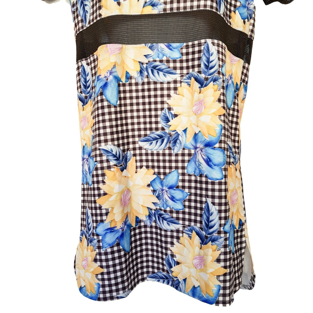 ANGEL BIBA Multi-Coloured Floral Black Mesh Women's Shift Dress Short Cap Sleeve