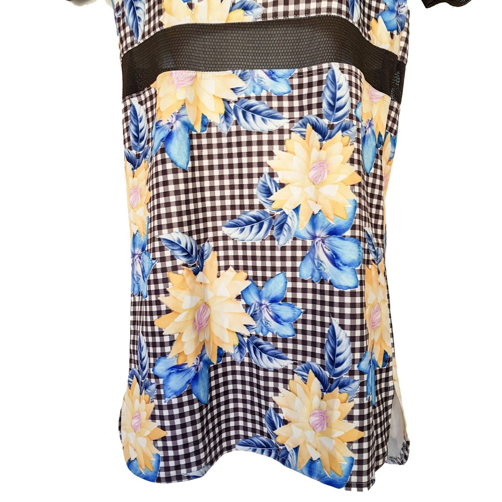 ANGEL BIBA Multi-Coloured Floral Black Mesh Women's Shift Dress Short Cap Sleeve