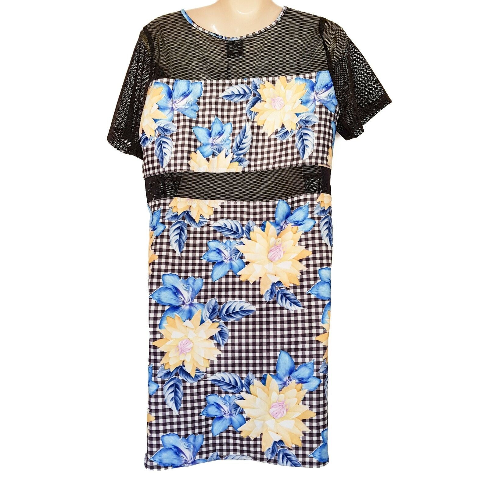 ANGEL BIBA Multi-Coloured Floral Black Mesh Women's Shift Dress Short Cap Sleeve