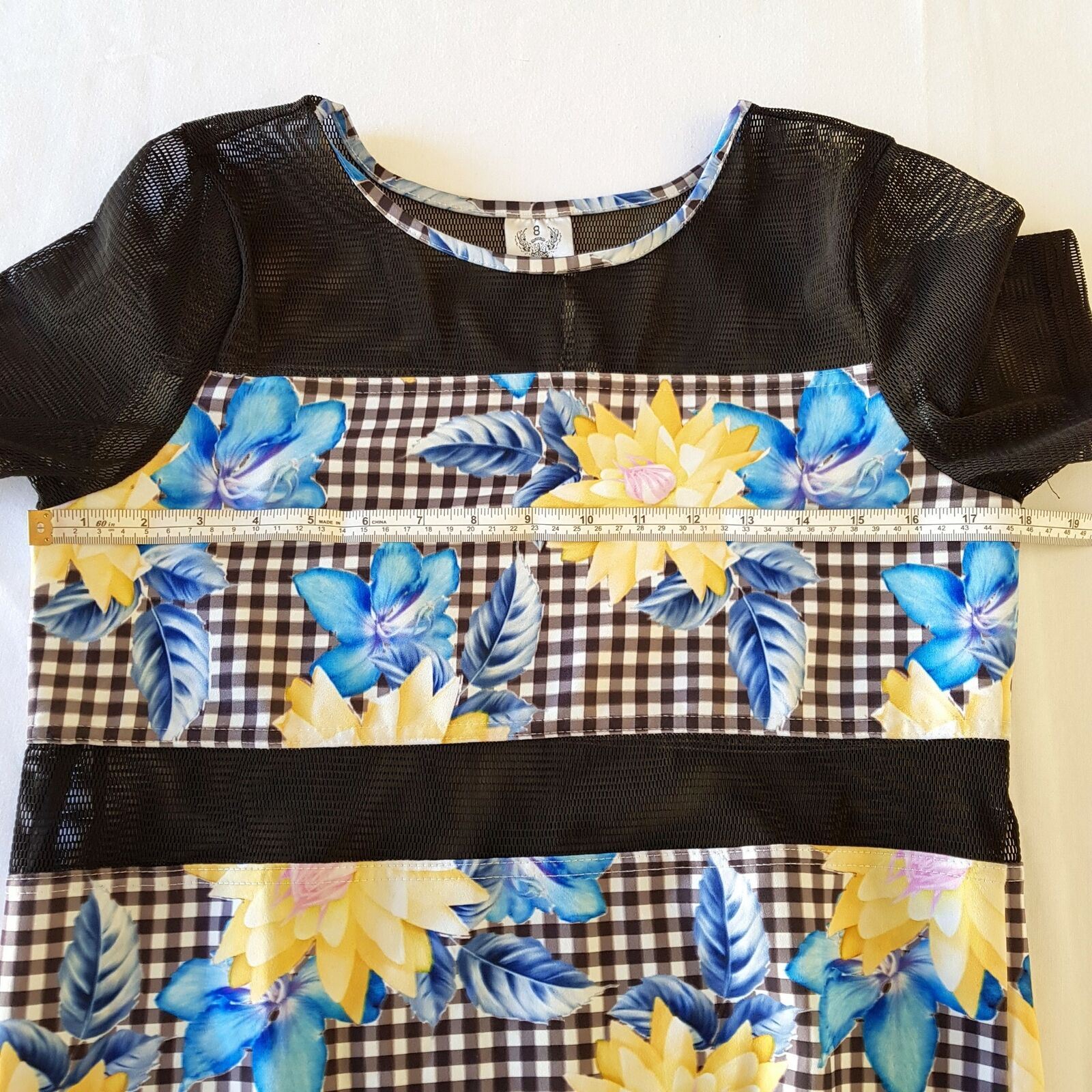 ANGEL BIBA Multi-Coloured Floral Black Mesh Women's Shift Dress Short Cap Sleeve