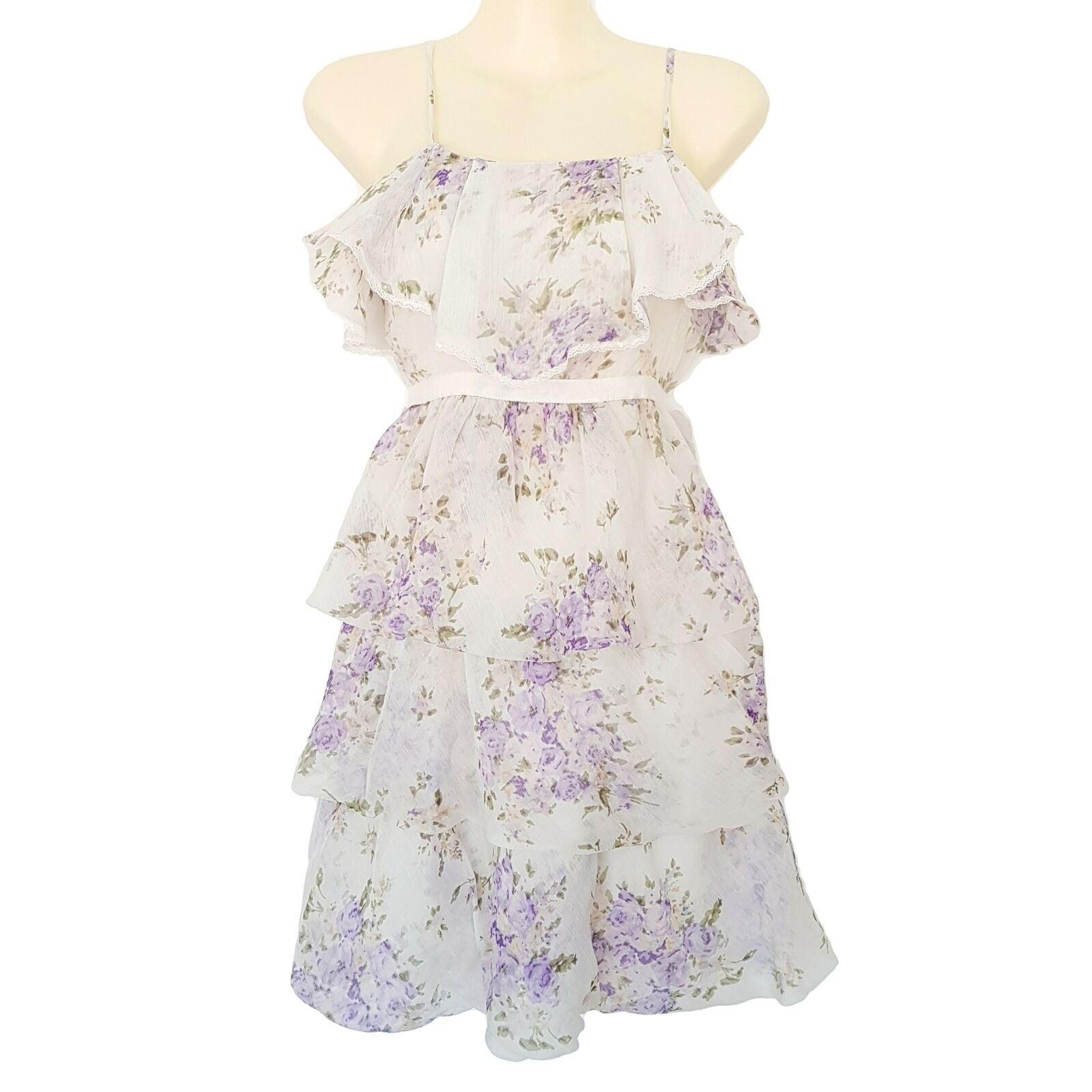 SHEIKE Basic White Floral Print Sleeveless Women's Fit & Flare Layered Dress Zip