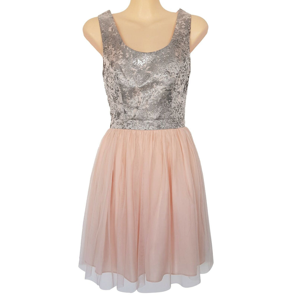 BLUEJUICE Silver Brocade Peach Pink Mesh Tulle Sleeveless ALine Dress Sexy Party