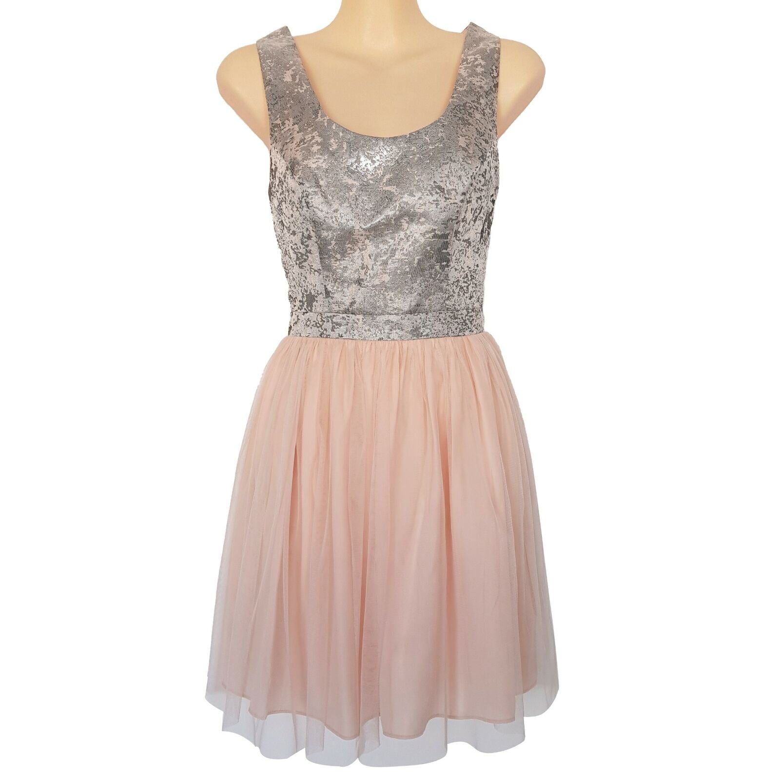 BLUEJUICE Silver Brocade Peach Pink Mesh Tulle Sleeveless ALine Dress Sexy Party