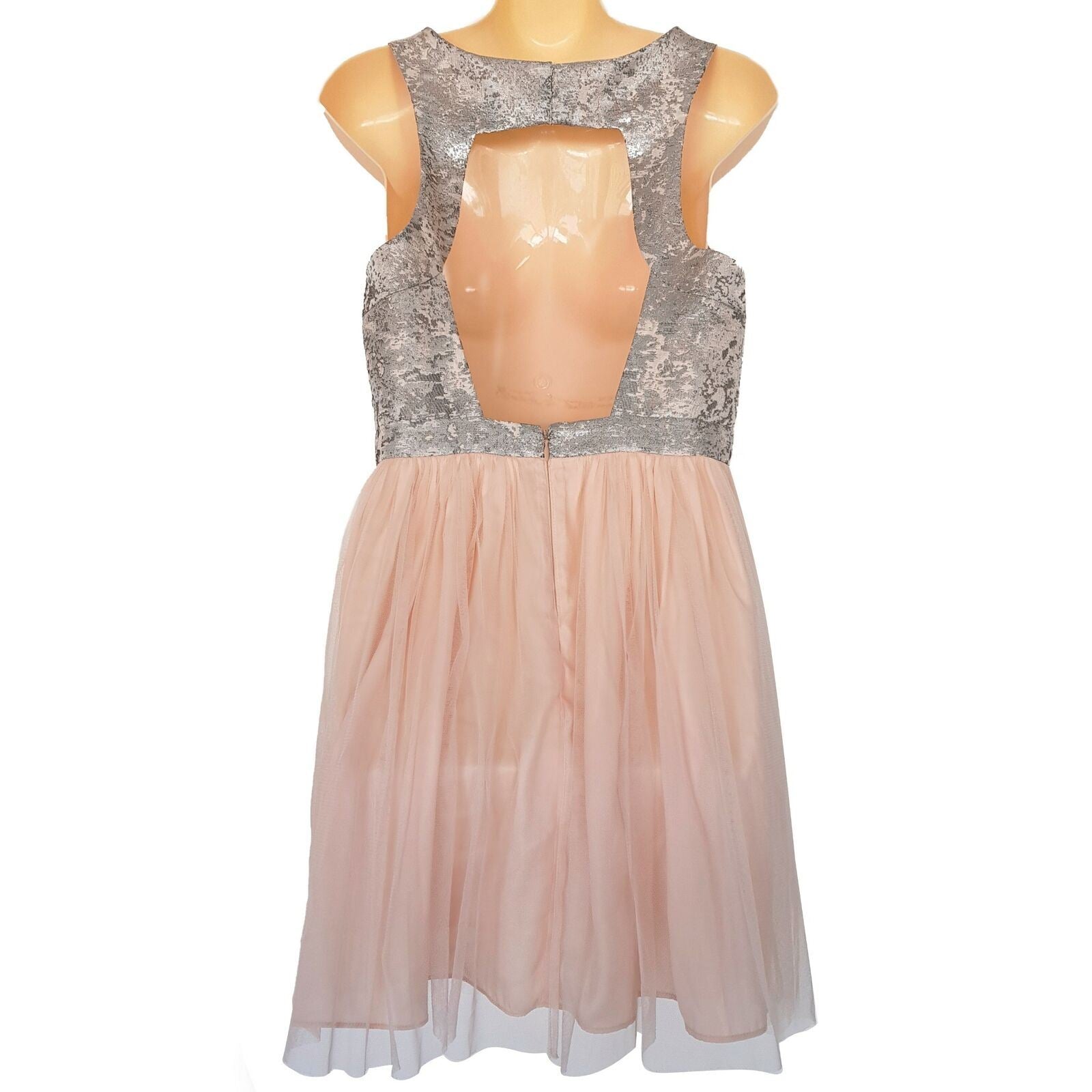 BLUEJUICE Silver Brocade Peach Pink Mesh Tulle Sleeveless ALine Dress Sexy Party