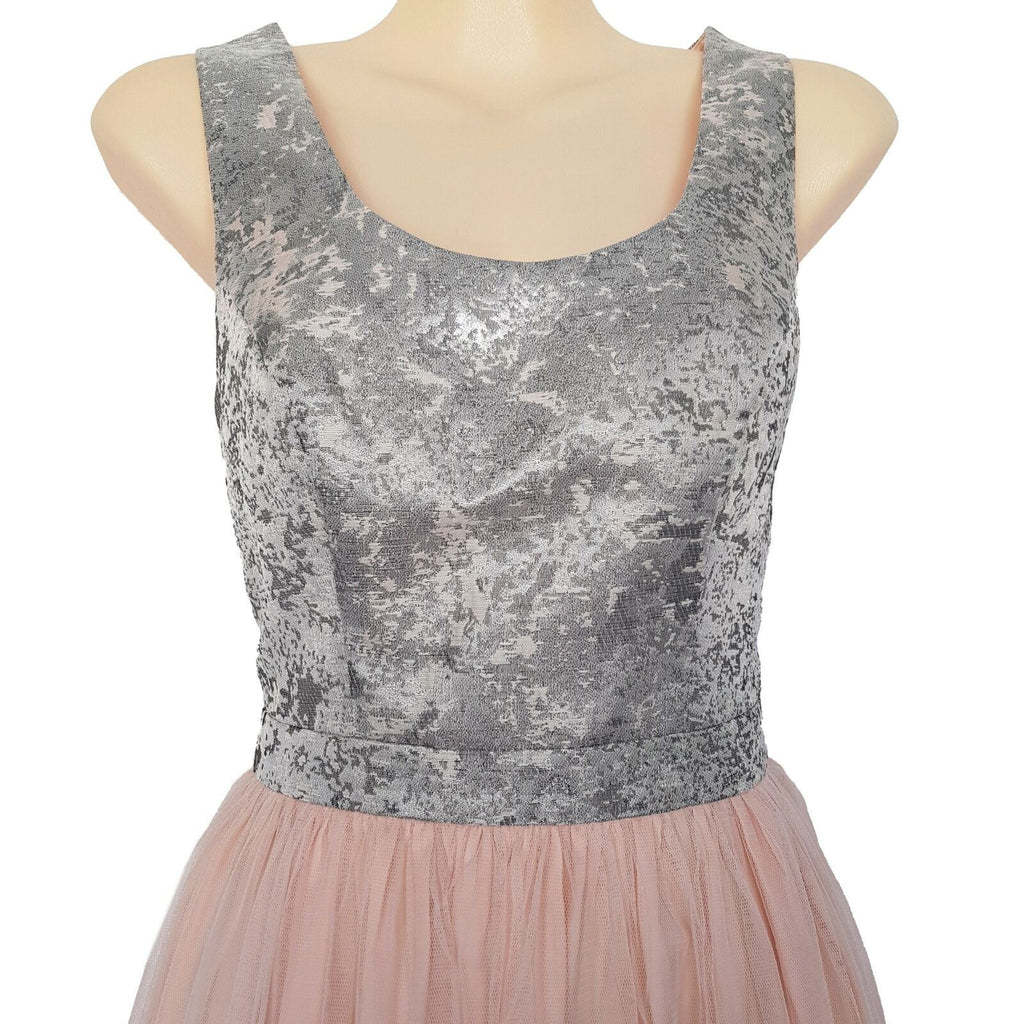BLUEJUICE Silver Brocade Peach Pink Mesh Tulle Sleeveless ALine Dress Sexy Party