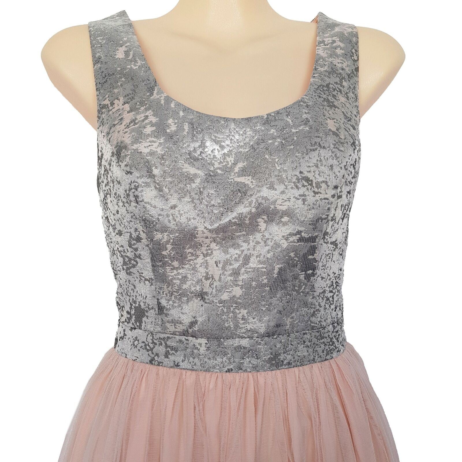 BLUEJUICE Silver Brocade Peach Pink Mesh Tulle Sleeveless ALine Dress Sexy Party