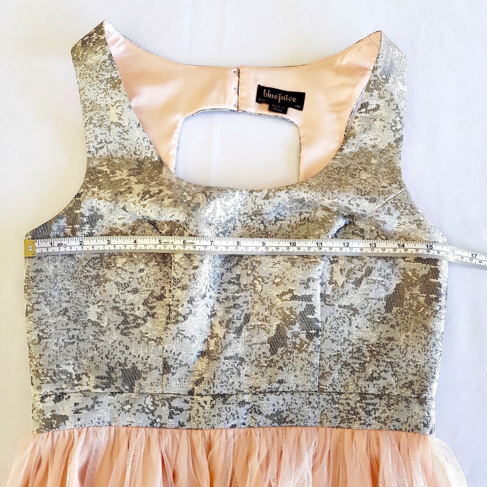 BLUEJUICE Silver Brocade Peach Pink Mesh Tulle Sleeveless ALine Dress Sexy Party