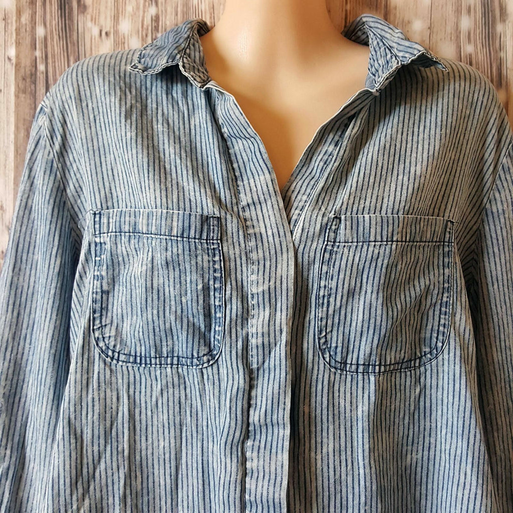 COTTON ON Women's Blue Striped Kenosha Boyfriend Shirt Long Sleeve Sexy Slim Top