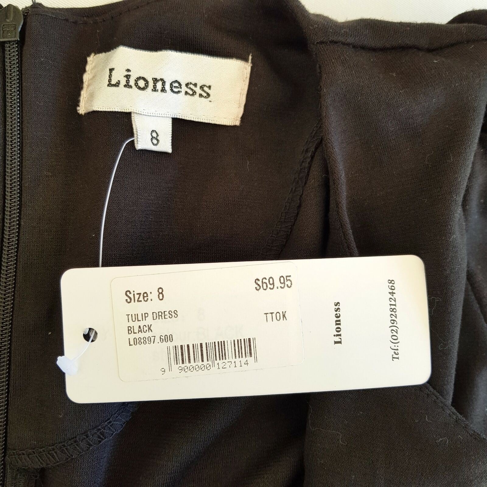 LIONESS Black Ponti Fitted Women's Tulip Dress Short Sleeve Zip Fly Size 8 BNWT