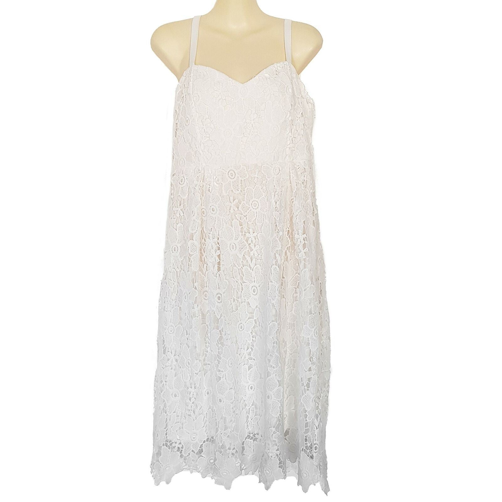 CROSSROADS Botanica White Sleeveless Women's Lace Shift Midi Dress Sweetheart