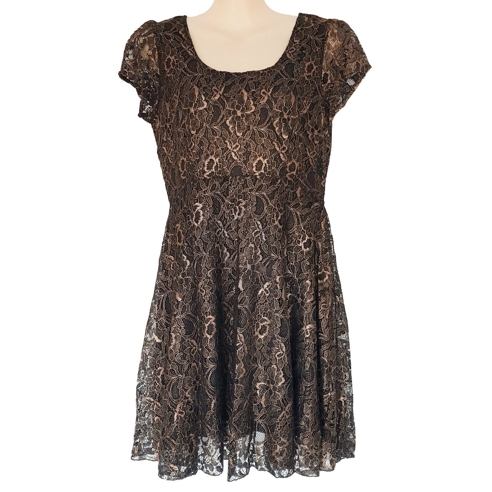 Formal Black Metallic Gold Floral Lace Women's Pleated Sheath Dress Short Sleeve