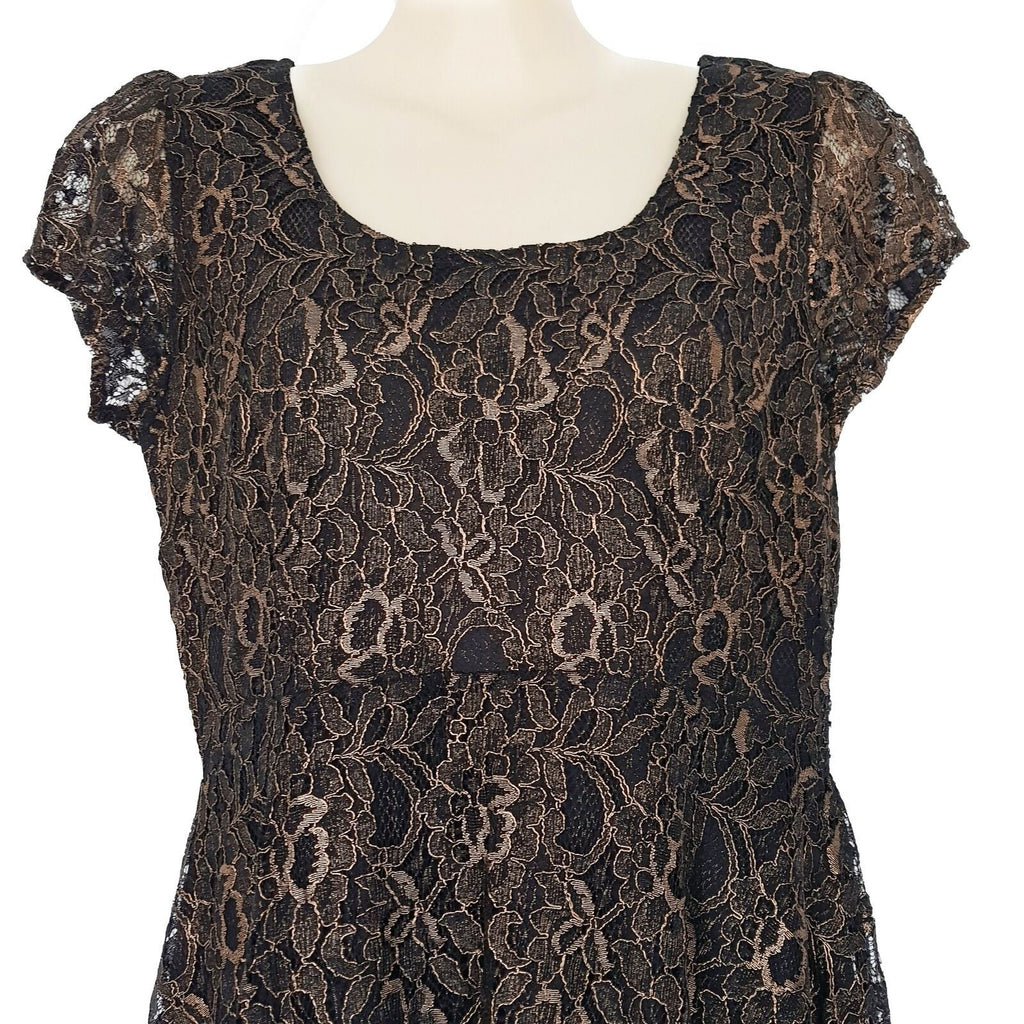 Formal Black Metallic Gold Floral Lace Women's Pleated Sheath Dress Short Sleeve