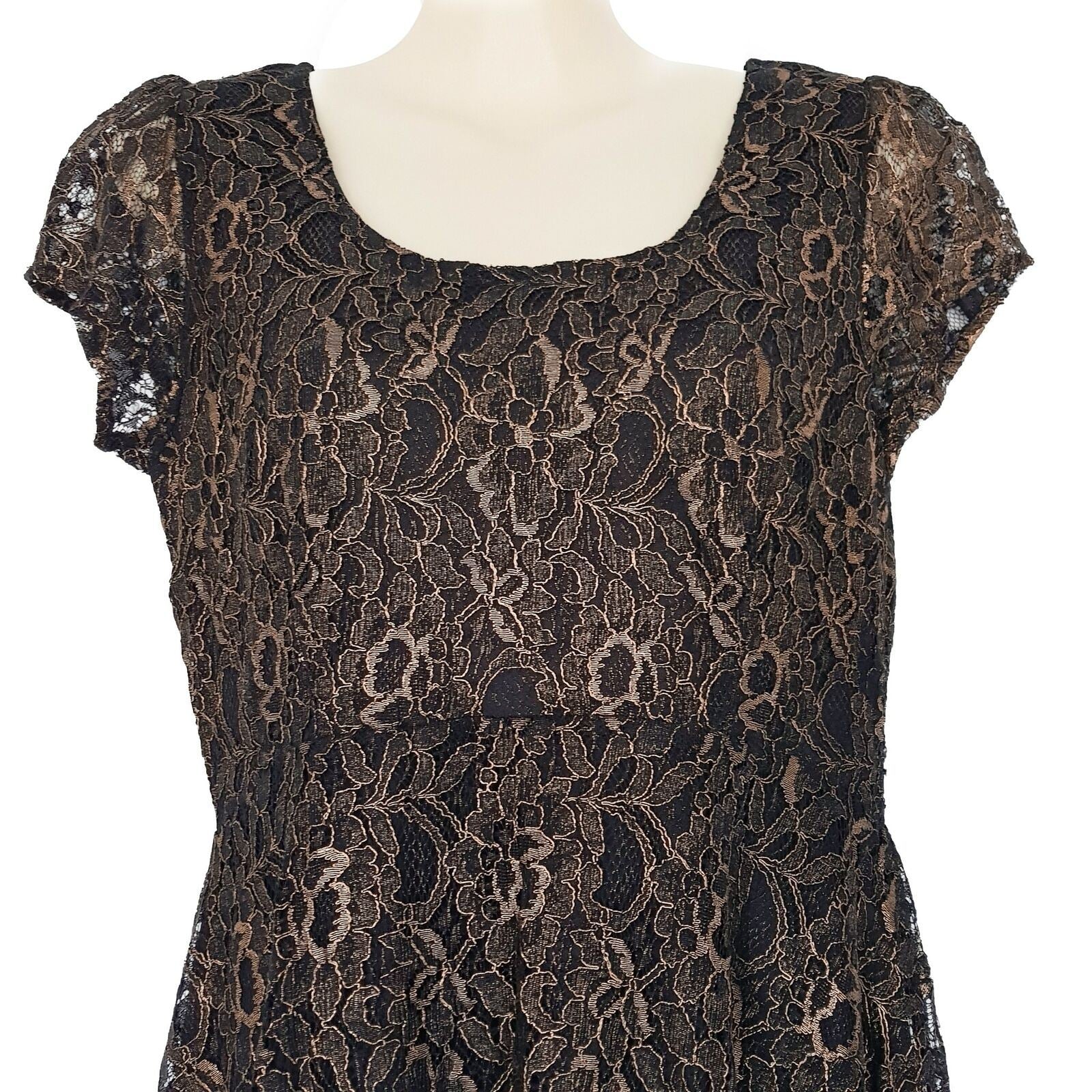 Formal Black Metallic Gold Floral Lace Women's Pleated Sheath Dress Short Sleeve
