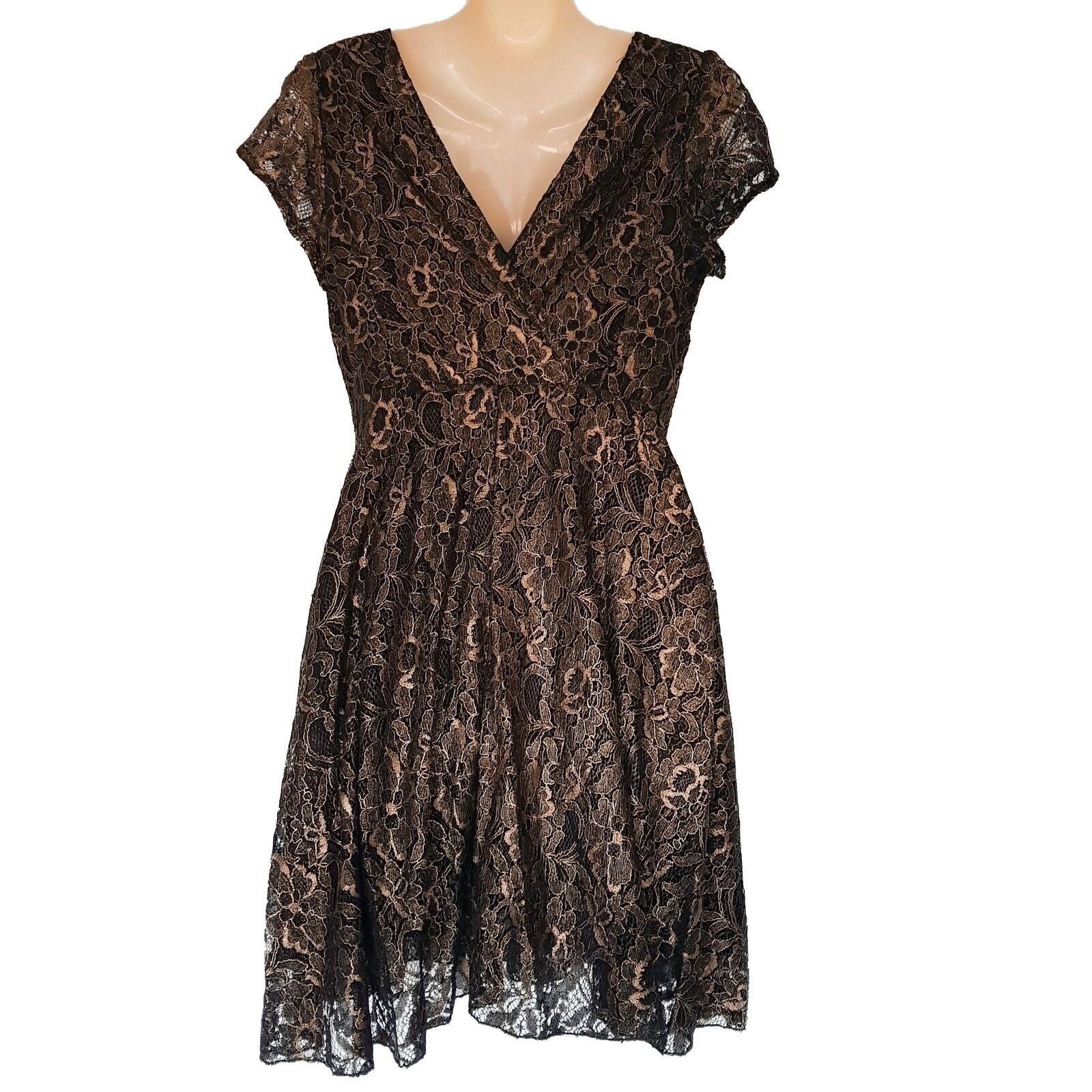 Formal Black Metallic Gold Floral Lace Women's Pleated Sheath Dress Short Sleeve
