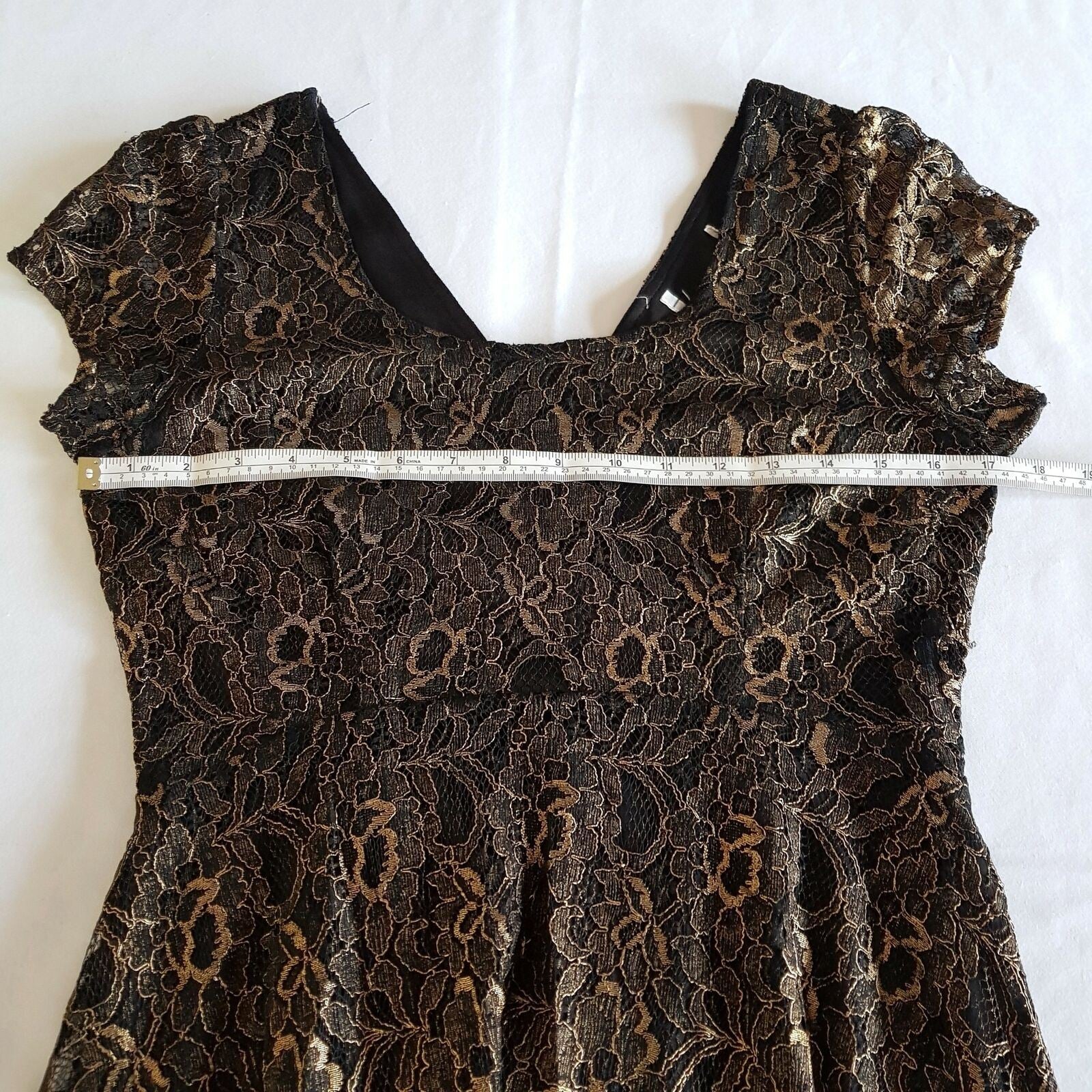 Formal Black Metallic Gold Floral Lace Women's Pleated Sheath Dress Short Sleeve