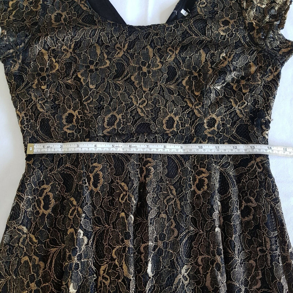 Formal Black Metallic Gold Floral Lace Women's Pleated Sheath Dress Short Sleeve