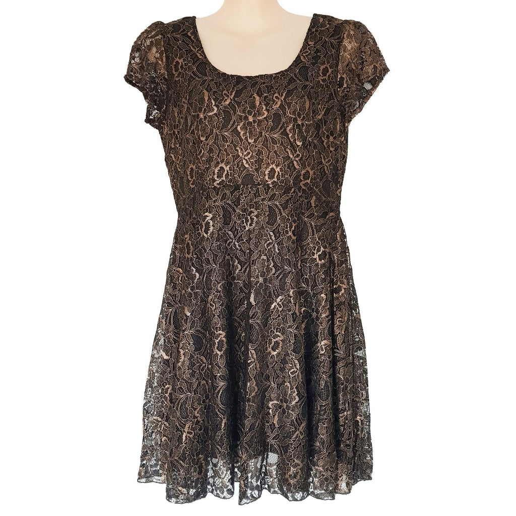 Formal Black Metallic Gold Floral Lace Women's Pleated Sheath Dress Short Sleeve