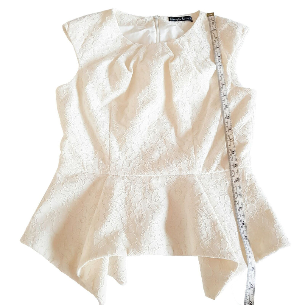 HONEY & BEAU Women's White Floral Lace Cap Sleeve Ladies Peplum Top Work Party