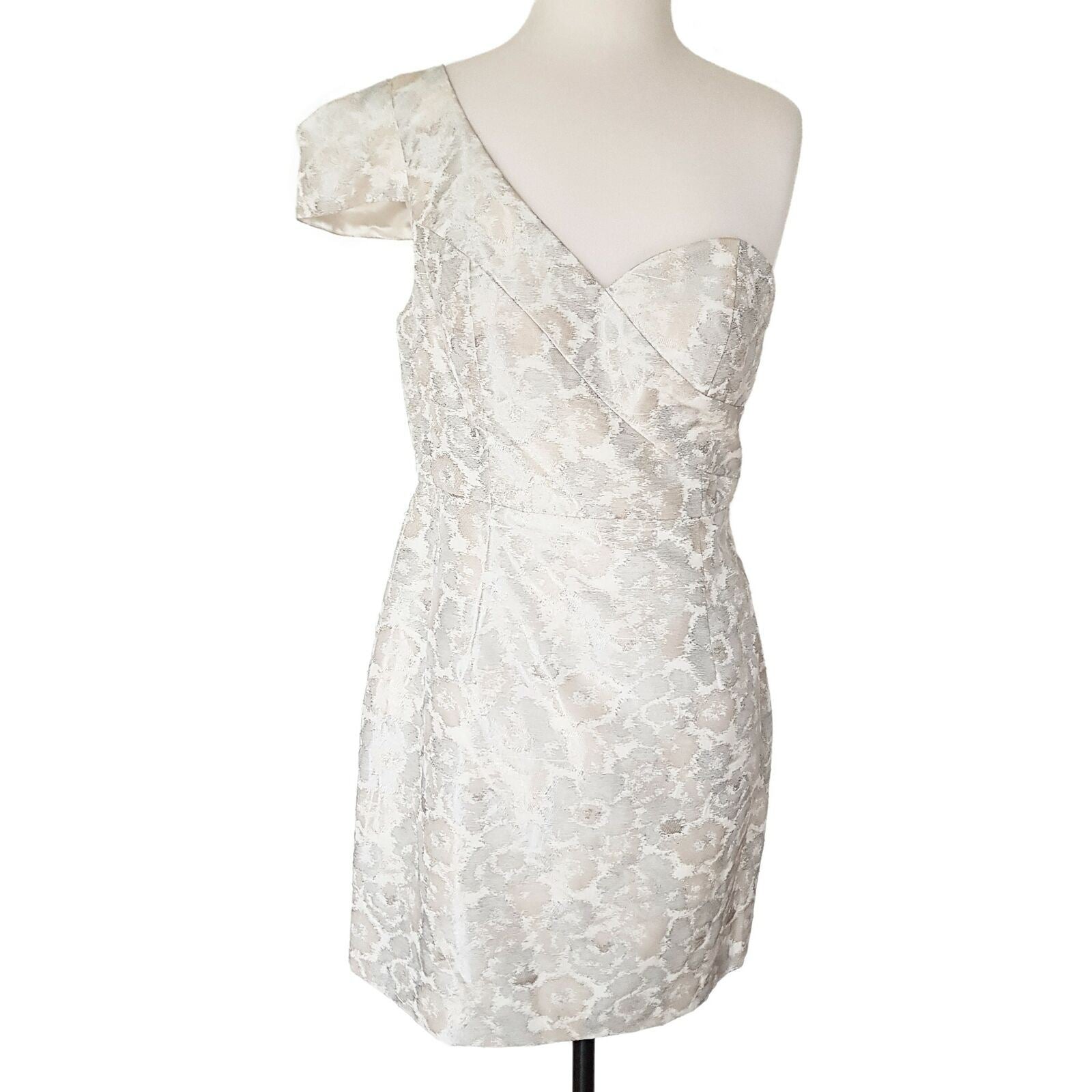 BNWT SEDUCE Metallic Beige White Asymmetric Sleeve Women's Sheath Dress Size 12