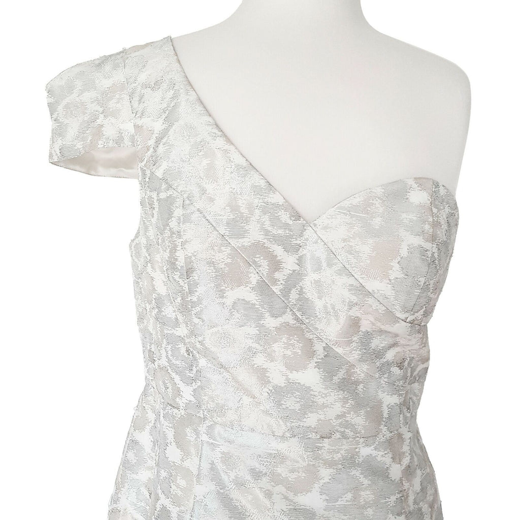 BNWT SEDUCE Metallic Beige White Asymmetric Sleeve Women's Sheath Dress Size 12