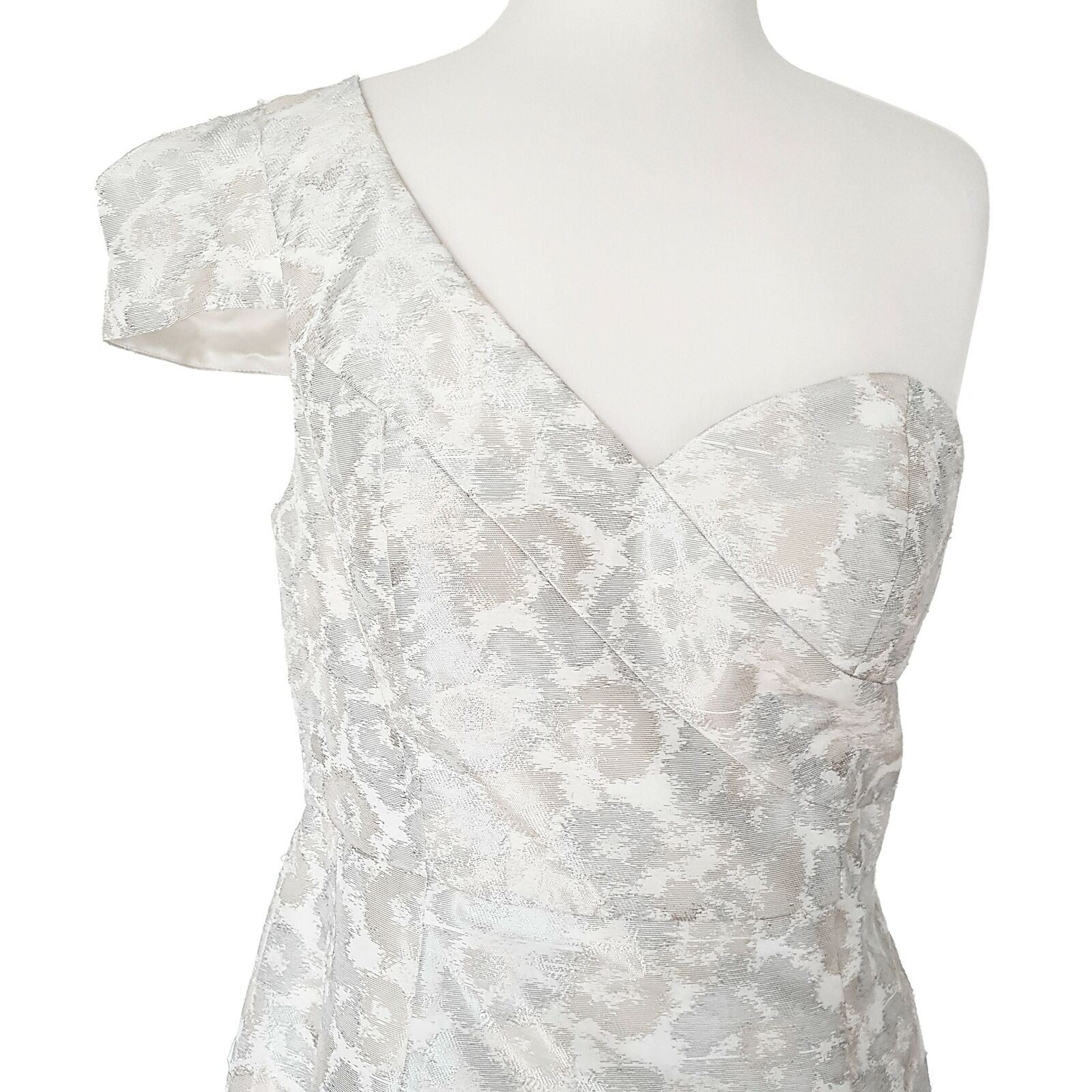 BNWT SEDUCE Metallic Beige White Asymmetric Sleeve Women's Sheath Dress Size 12