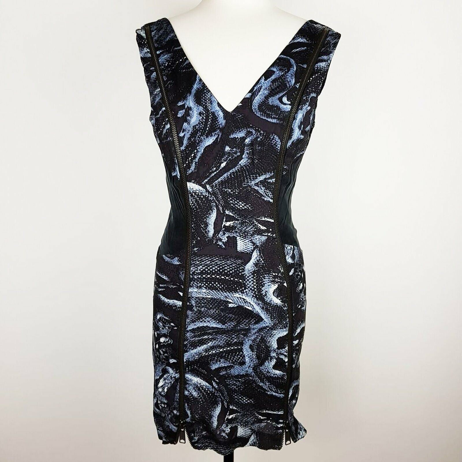 KSUBI Snakeskin Print Plunging Blue Black Women's Bodycon Dress Party Designer