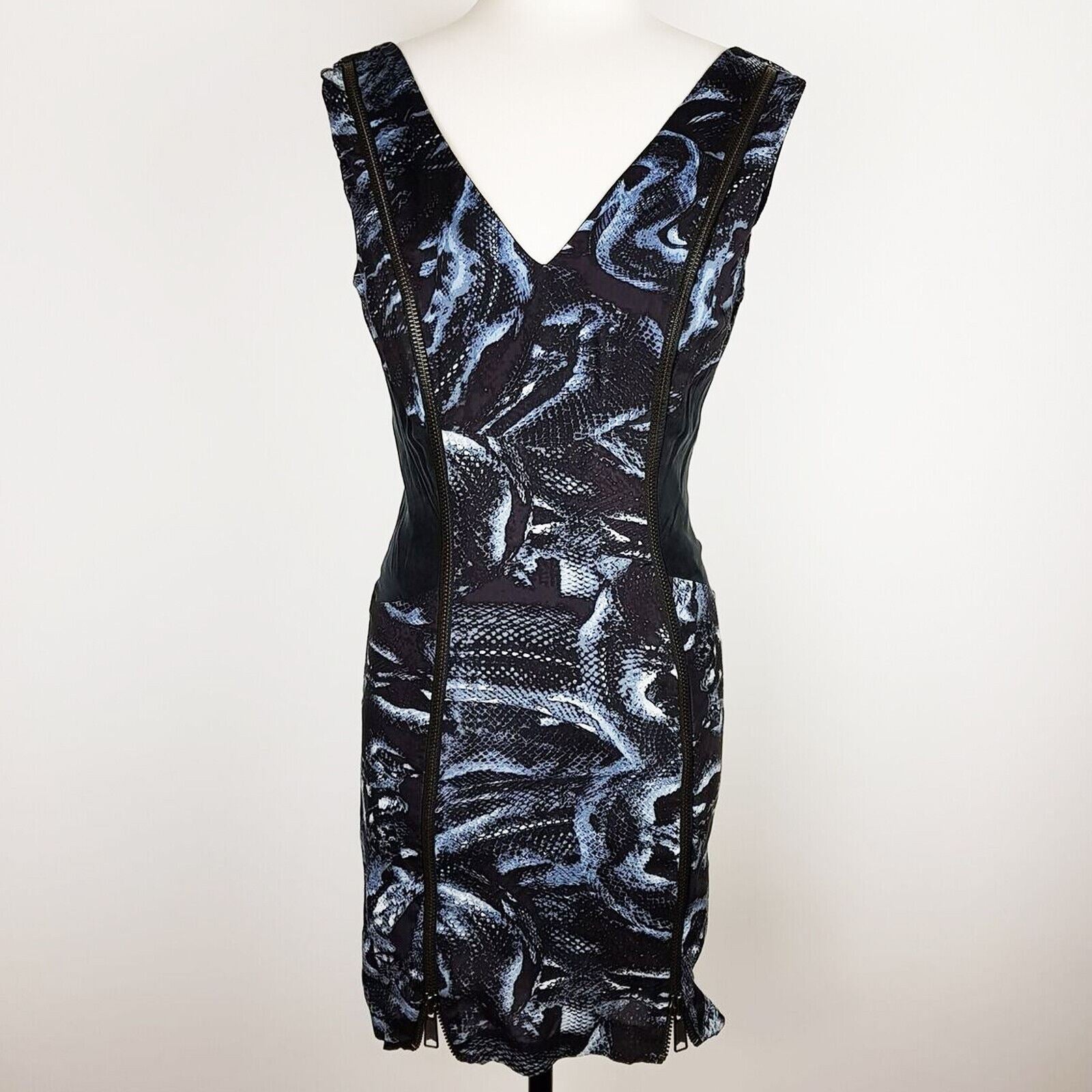 KSUBI Snakeskin Print Plunging Blue Black Women's Bodycon Dress Party Designer