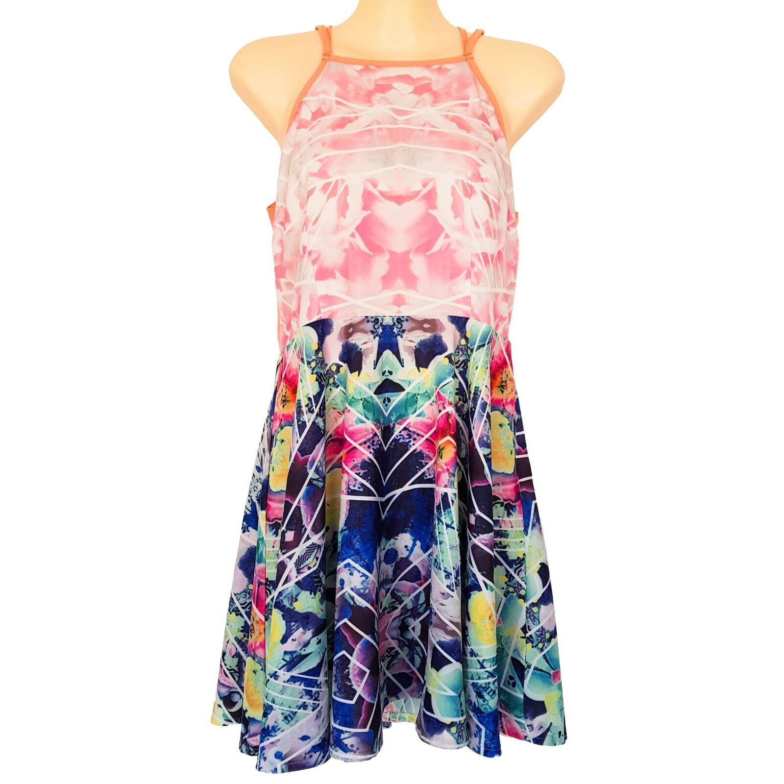 DOTTI Pink Blue Floral Spaghetti Strap Women's Fit & Flare Dress Sexy Open Back