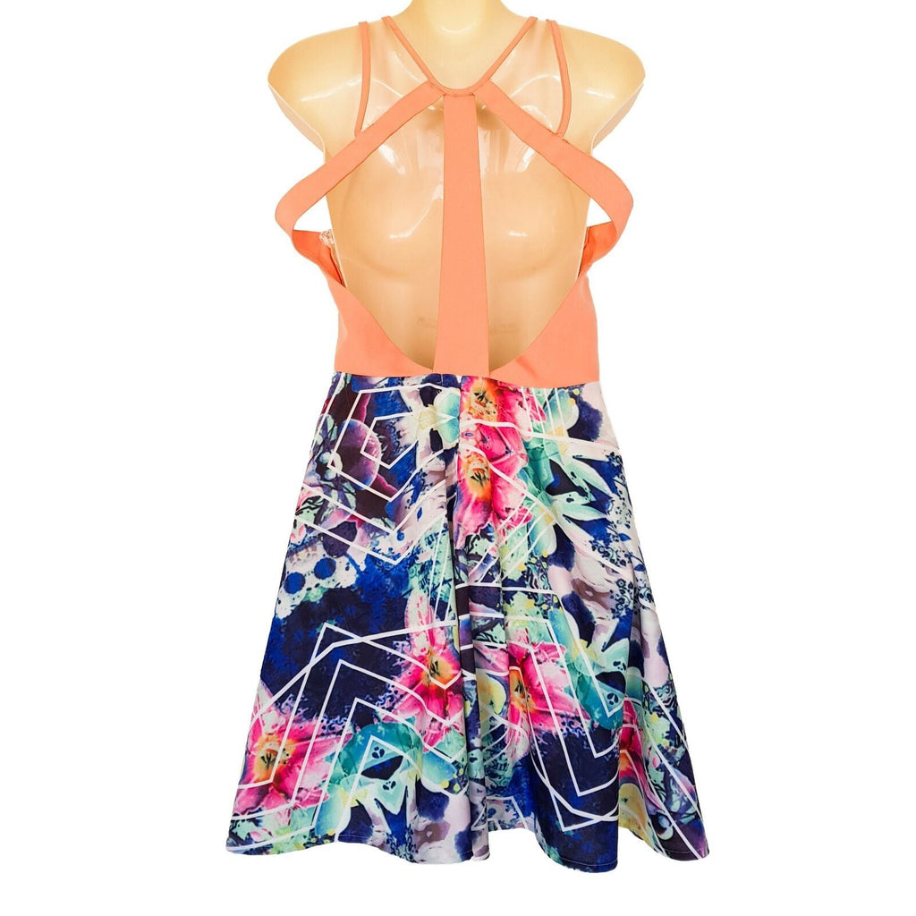 DOTTI Pink Blue Floral Spaghetti Strap Women's Fit & Flare Dress Sexy Open Back
