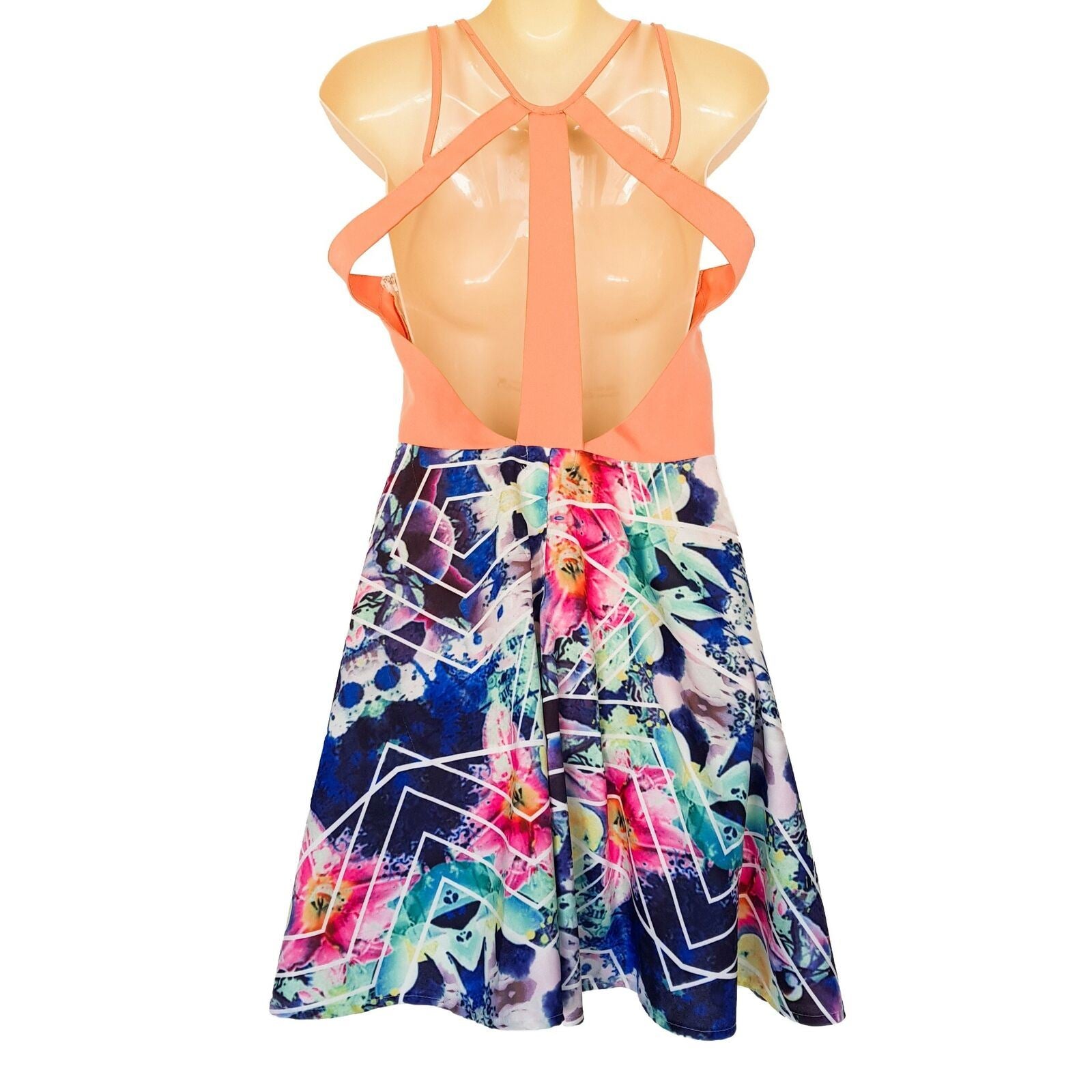 DOTTI Pink Blue Floral Spaghetti Strap Women's Fit & Flare Dress Sexy Open Back