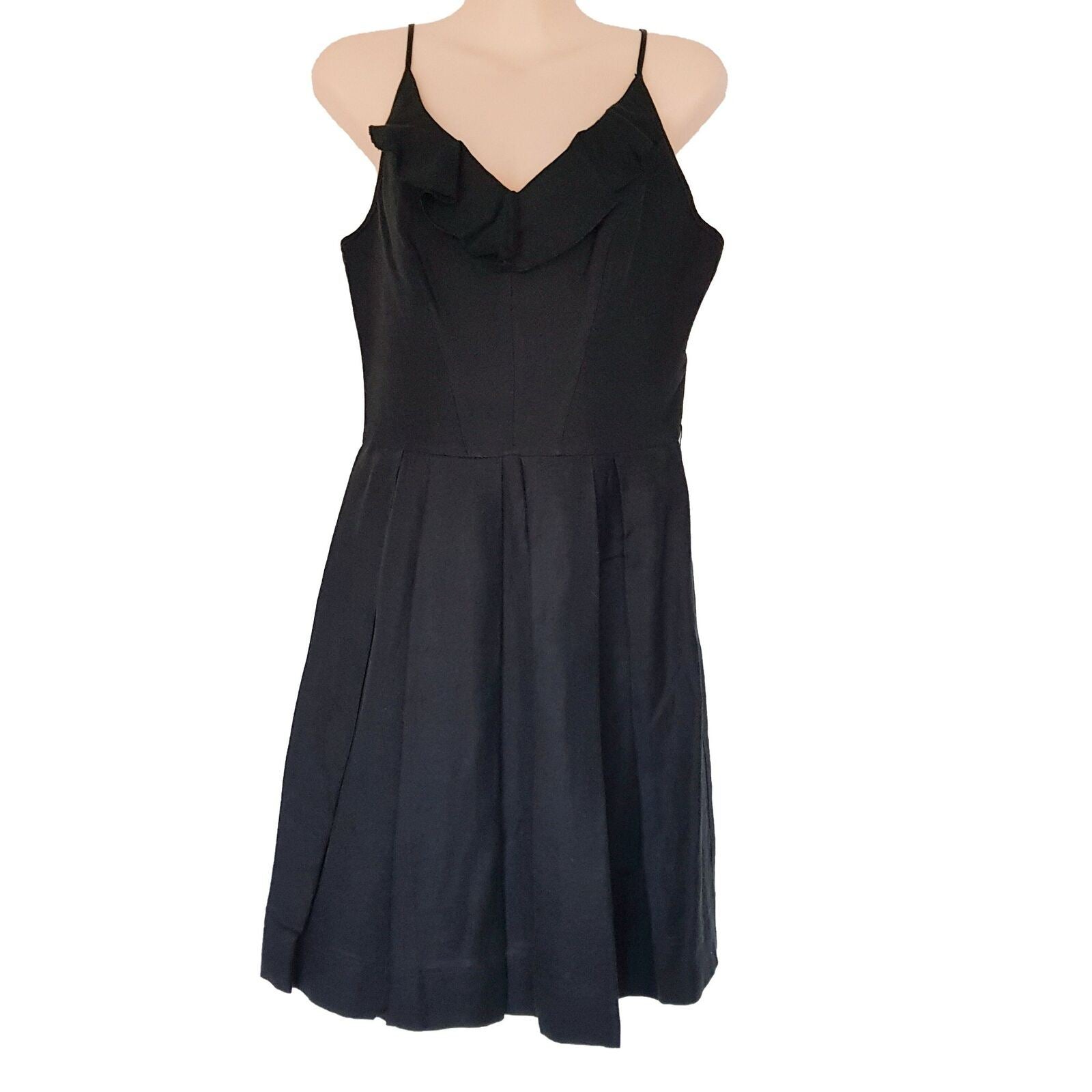 CUE Little Black Dress Spaghetti Strap Ladies A-Line Pleated Ruffled V-Neck Sz 8