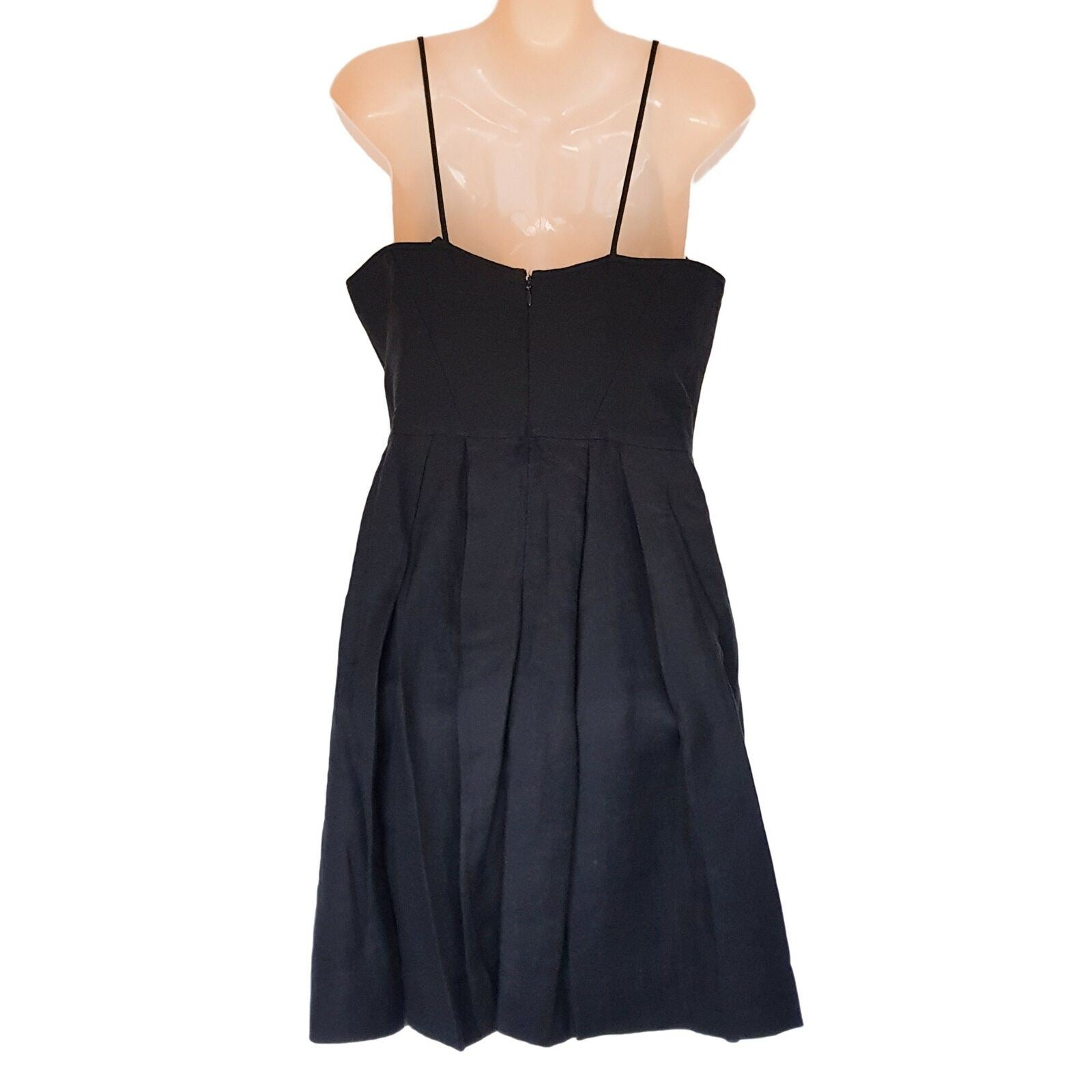 CUE Little Black Dress Spaghetti Strap Ladies A-Line Pleated Ruffled V-Neck Sz 8