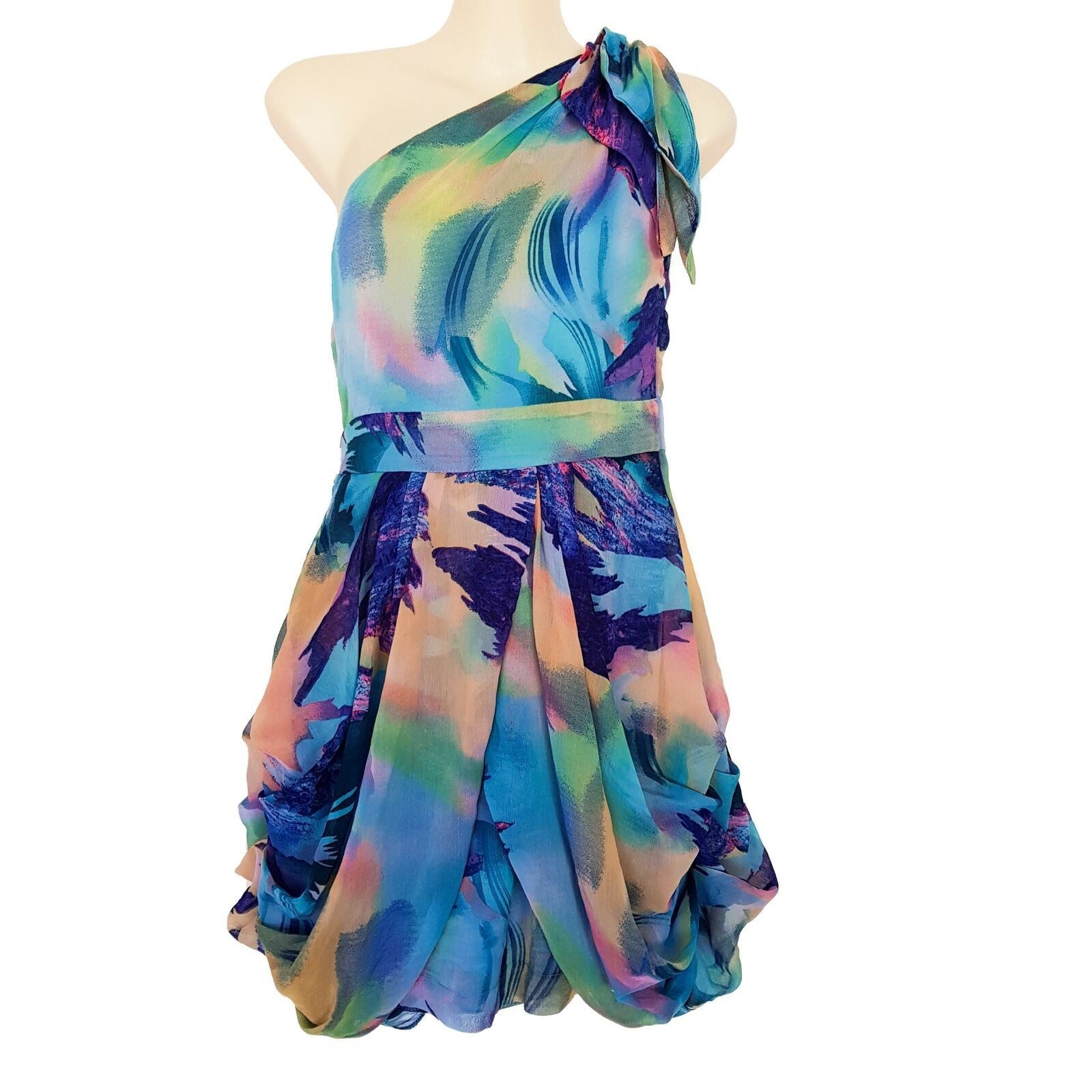 TFNC LONDON Natalie Blue & Pink Print Ladies Cocktail Mini Dress Asymmetric Neck