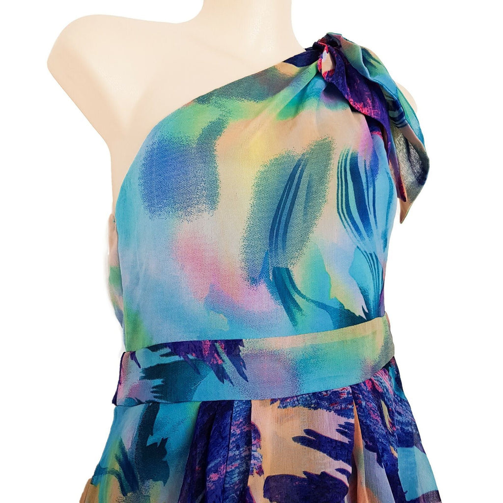 TFNC LONDON Natalie Blue & Pink Print Ladies Cocktail Mini Dress Asymmetric Neck