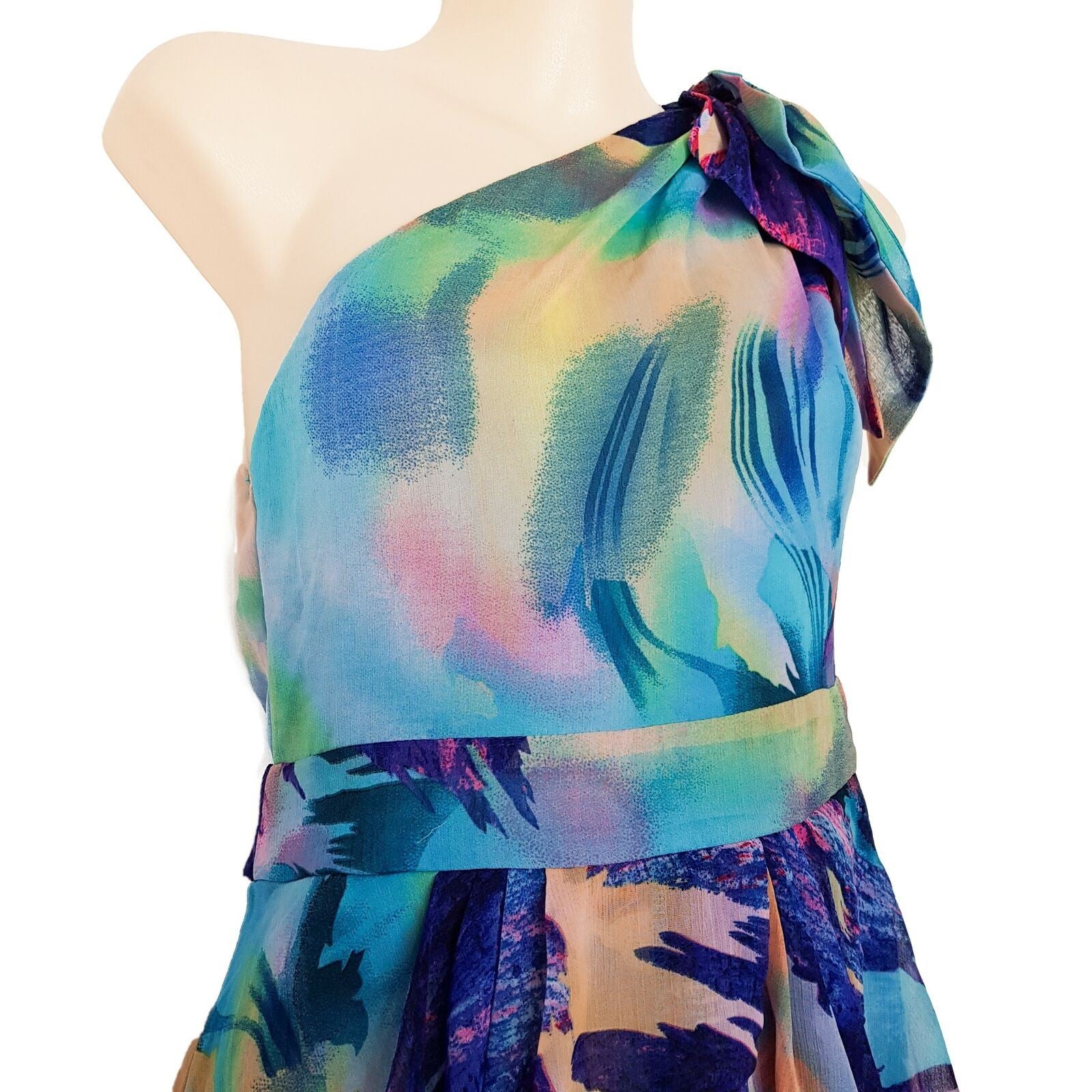 TFNC LONDON Natalie Blue & Pink Print Ladies Cocktail Mini Dress Asymmetric Neck
