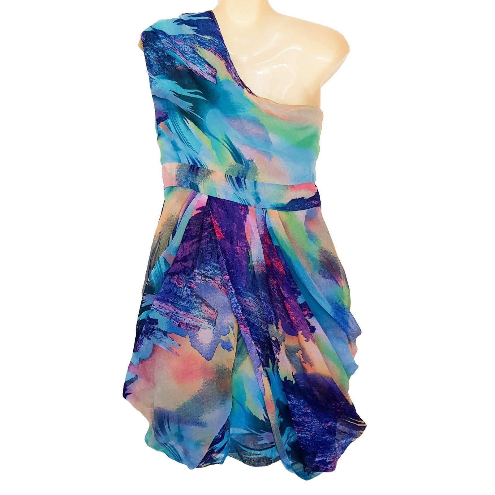 TFNC LONDON Natalie Blue & Pink Print Ladies Cocktail Mini Dress Asymmetric Neck