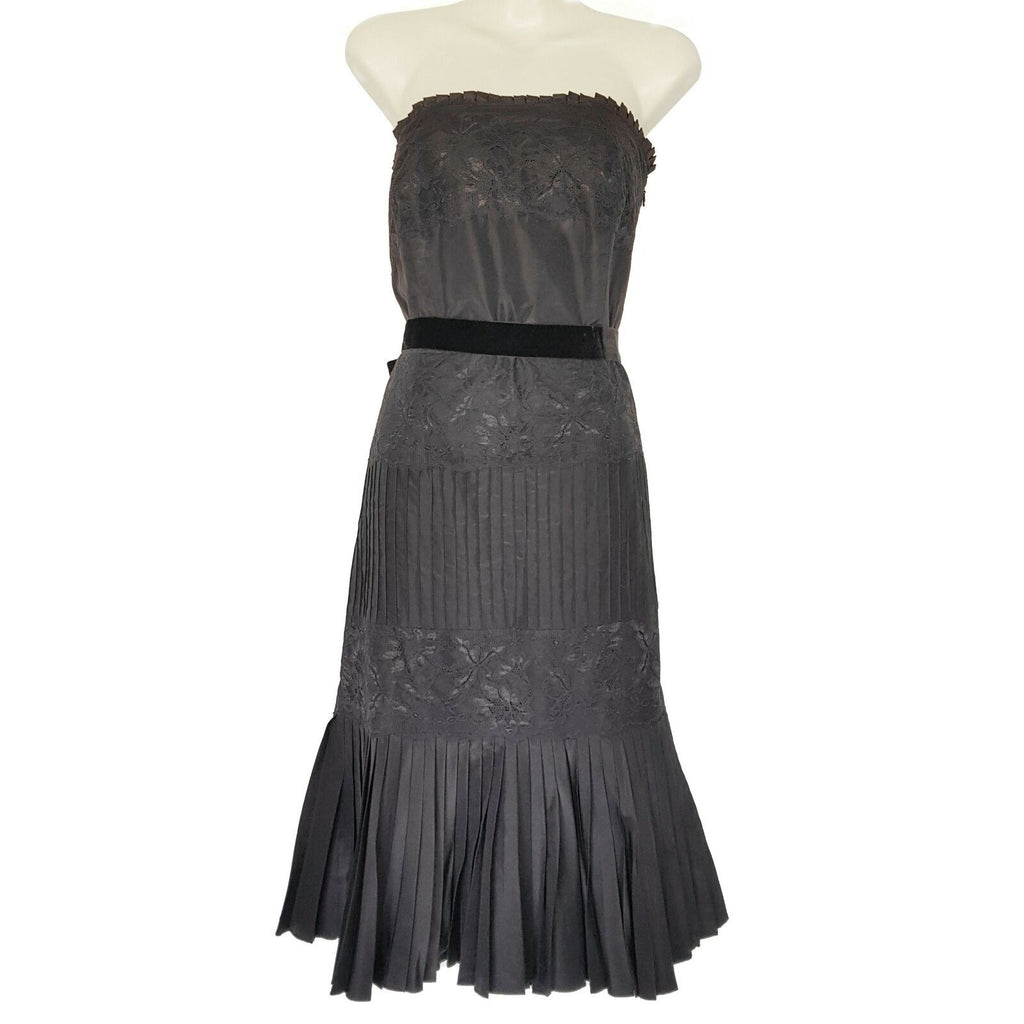 BANANA REPUBLIC Black Floral Lace Strapless Women's A-Line Pleated Silk Dress