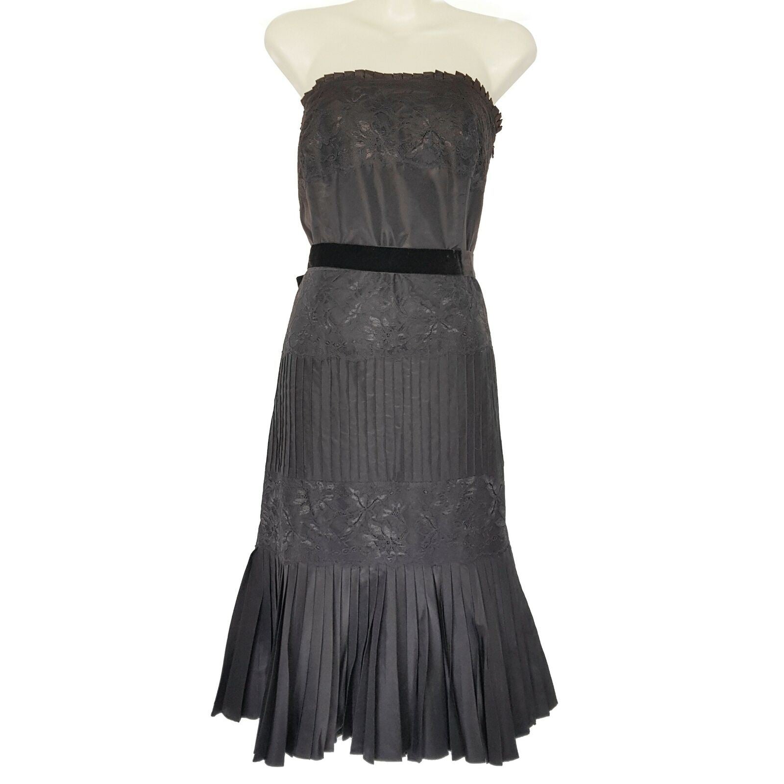 BANANA REPUBLIC Black Floral Lace Strapless Women's A-Line Pleated Silk Dress