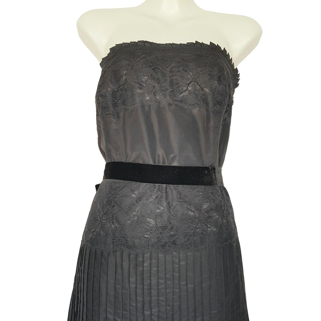 BANANA REPUBLIC Black Floral Lace Strapless Women's A-Line Pleated Silk Dress