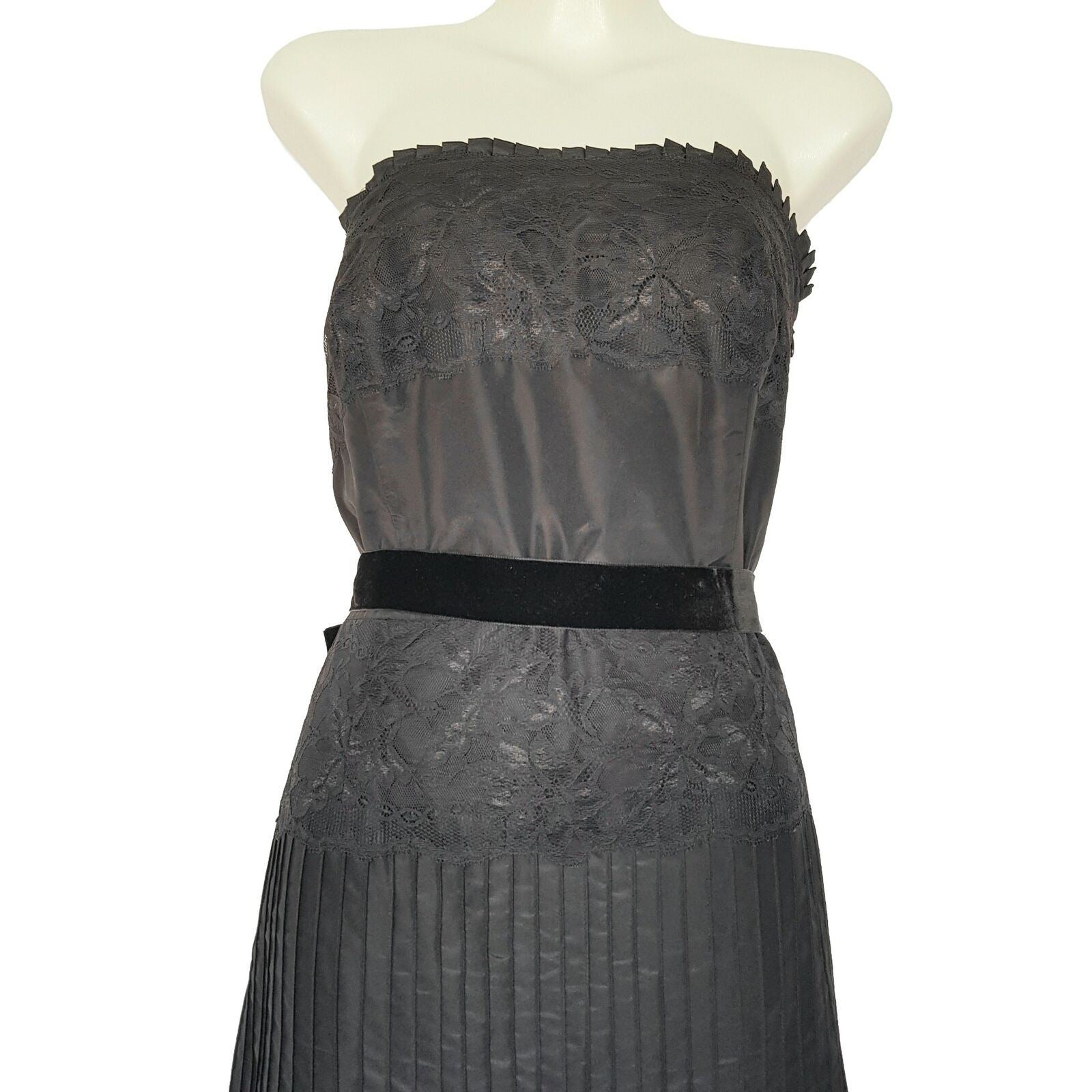 BANANA REPUBLIC Black Floral Lace Strapless Women's A-Line Pleated Silk Dress