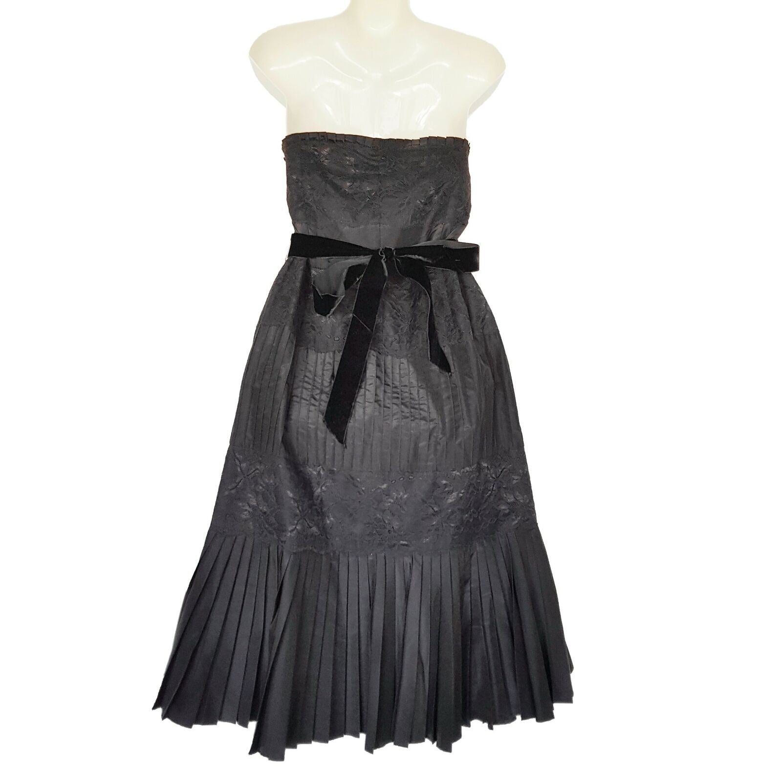 BANANA REPUBLIC Black Floral Lace Strapless Women's A-Line Pleated Silk Dress