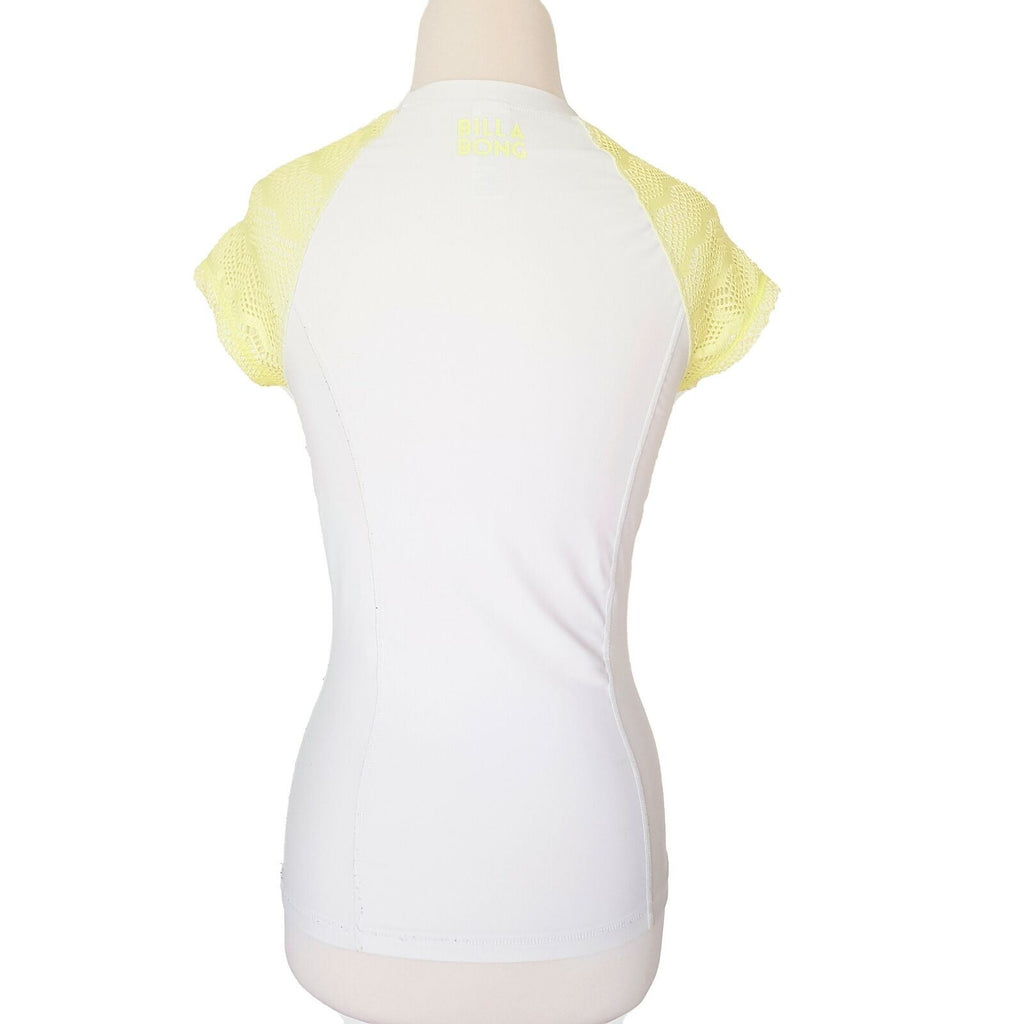 BILLABONG White Yellow Knit Short Sleeve Ladies Rash Guard Top Round Neck Size 8