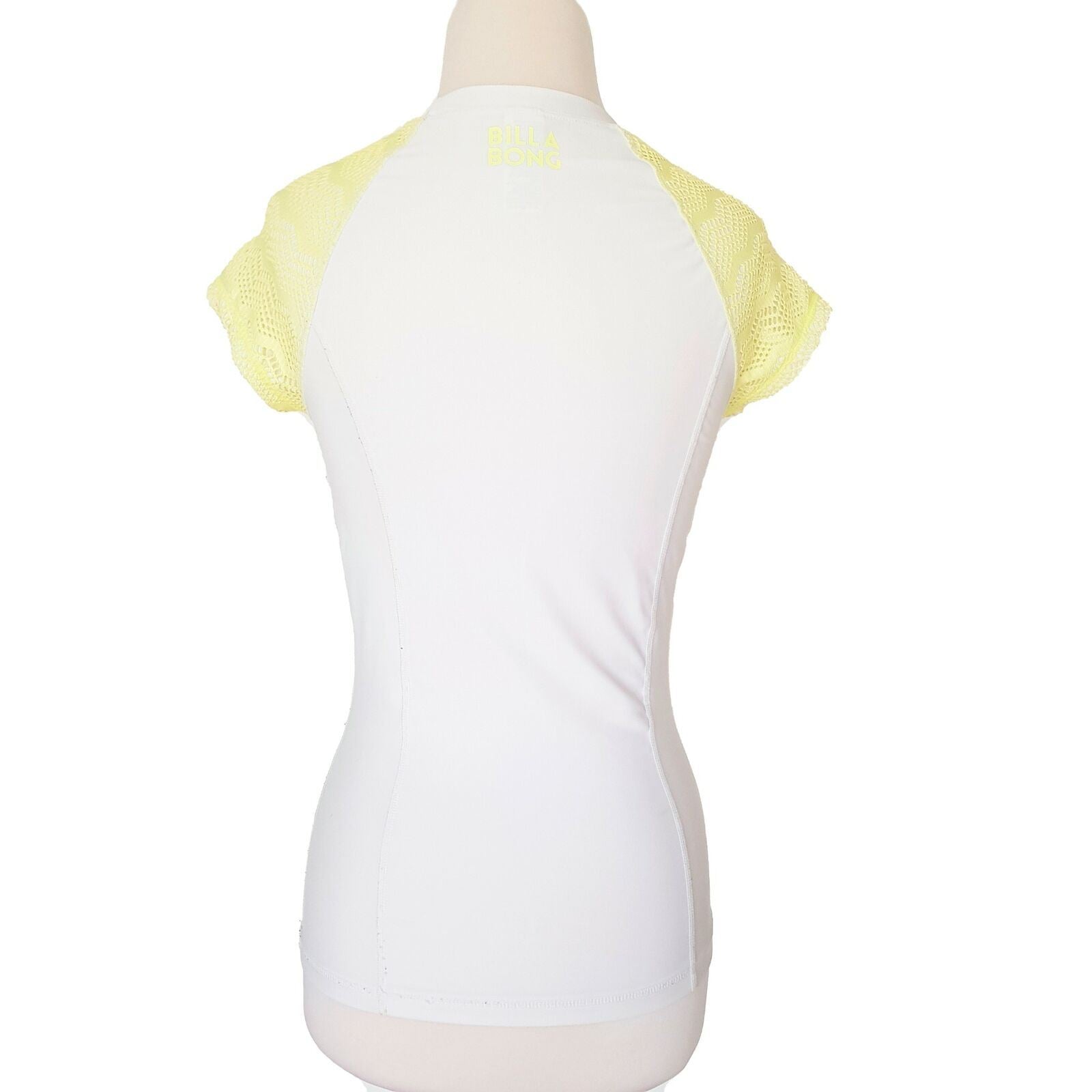 BILLABONG White Yellow Knit Short Sleeve Ladies Rash Guard Top Round Neck Size 8