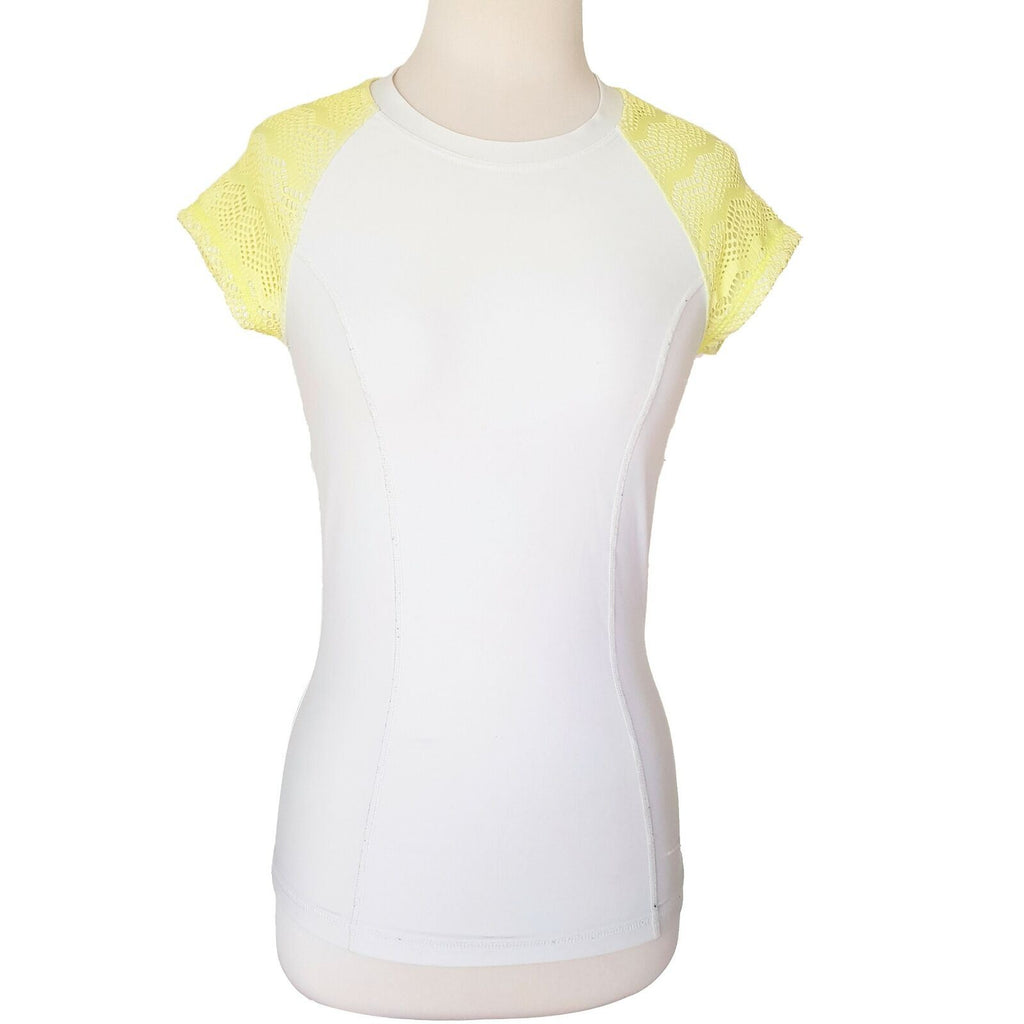 BILLABONG White Yellow Knit Short Sleeve Ladies Rash Guard Top Round Neck Size 8