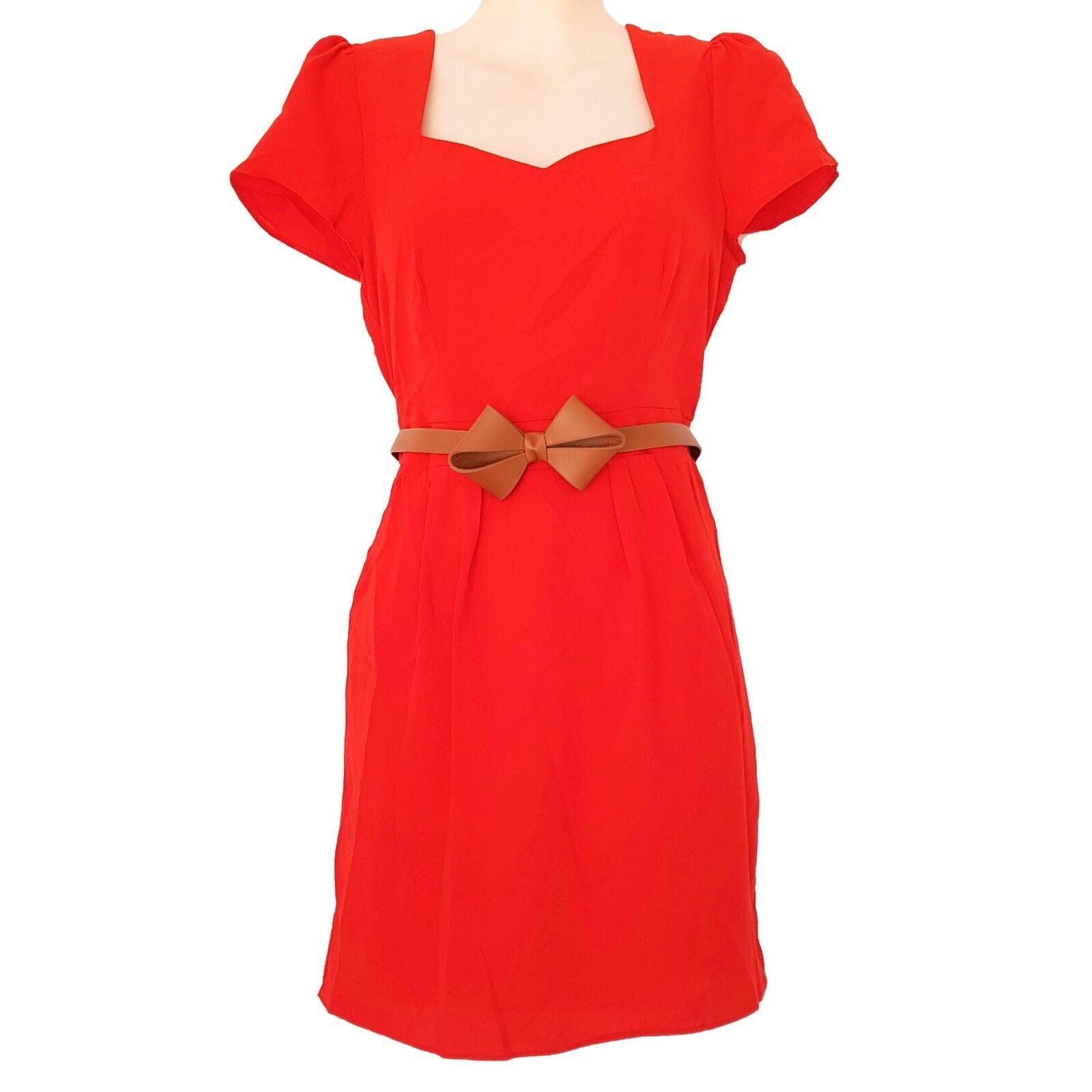 ASOS Petite Red Belted Short Sleeve Women's Pencil Dress Sweetheart Neck BNWT