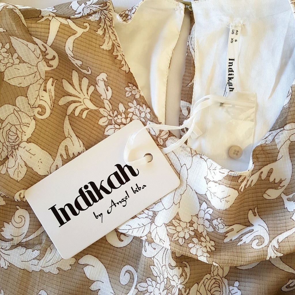 INDIKAH BY ANGEL BIBA Positano Dress Casual Brown White Floral Ruffled Women's